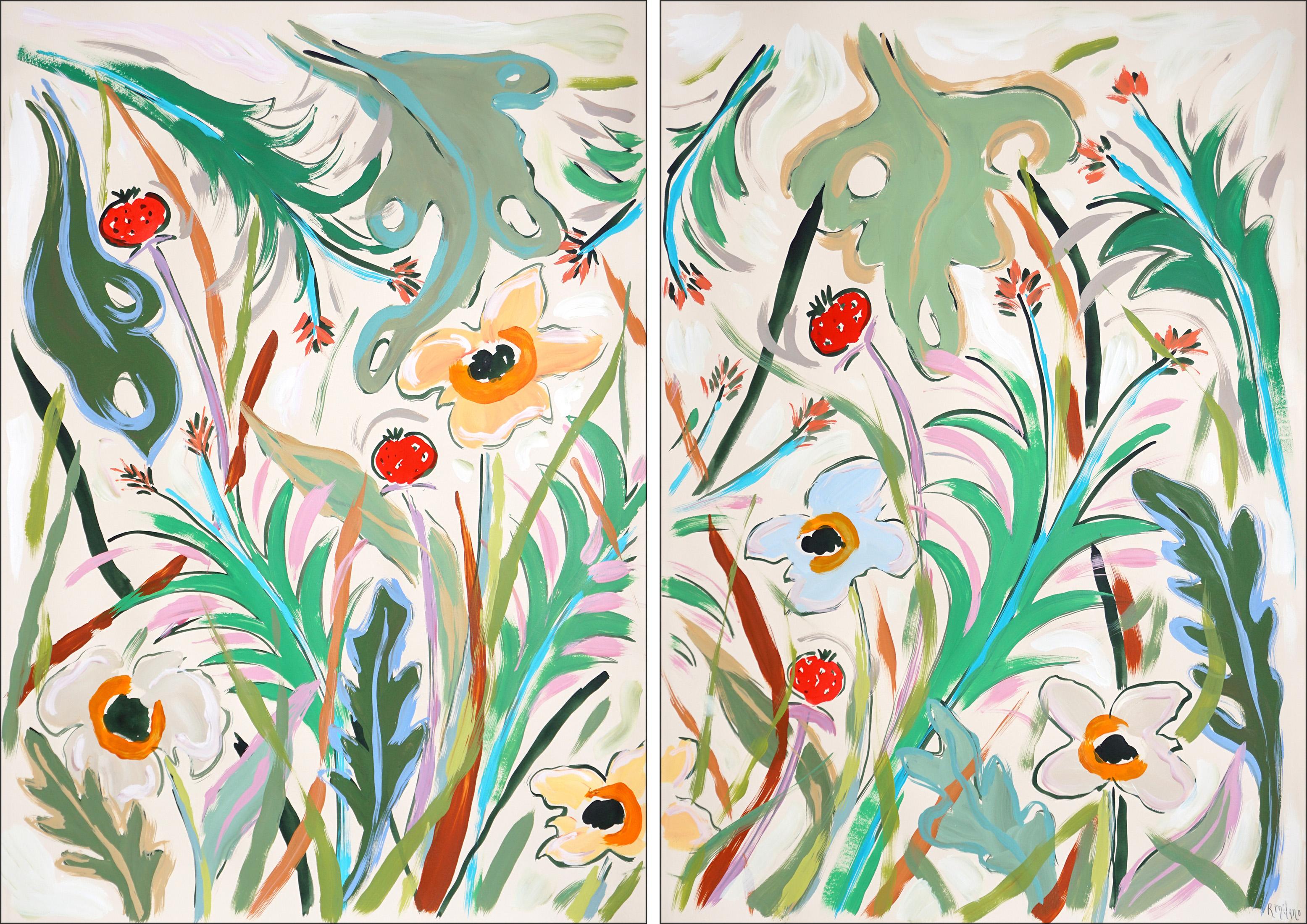 Romina Milano Still-Life Print - Poppies and Wildflowers II, Large Botanical Diptych, Illustration Style Painting