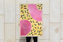 Poppy Art Painting, Abstract Bubblegum Confetti Donut on Yellow, Pink and Green