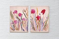 Poppy Flower Garden, Illustrative Style, Large Botanical Diptych, Red and Mauve