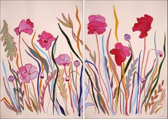 Poppy Flower Garden, Illustrative Style, Large Botanical Diptych, Red and Mauve
