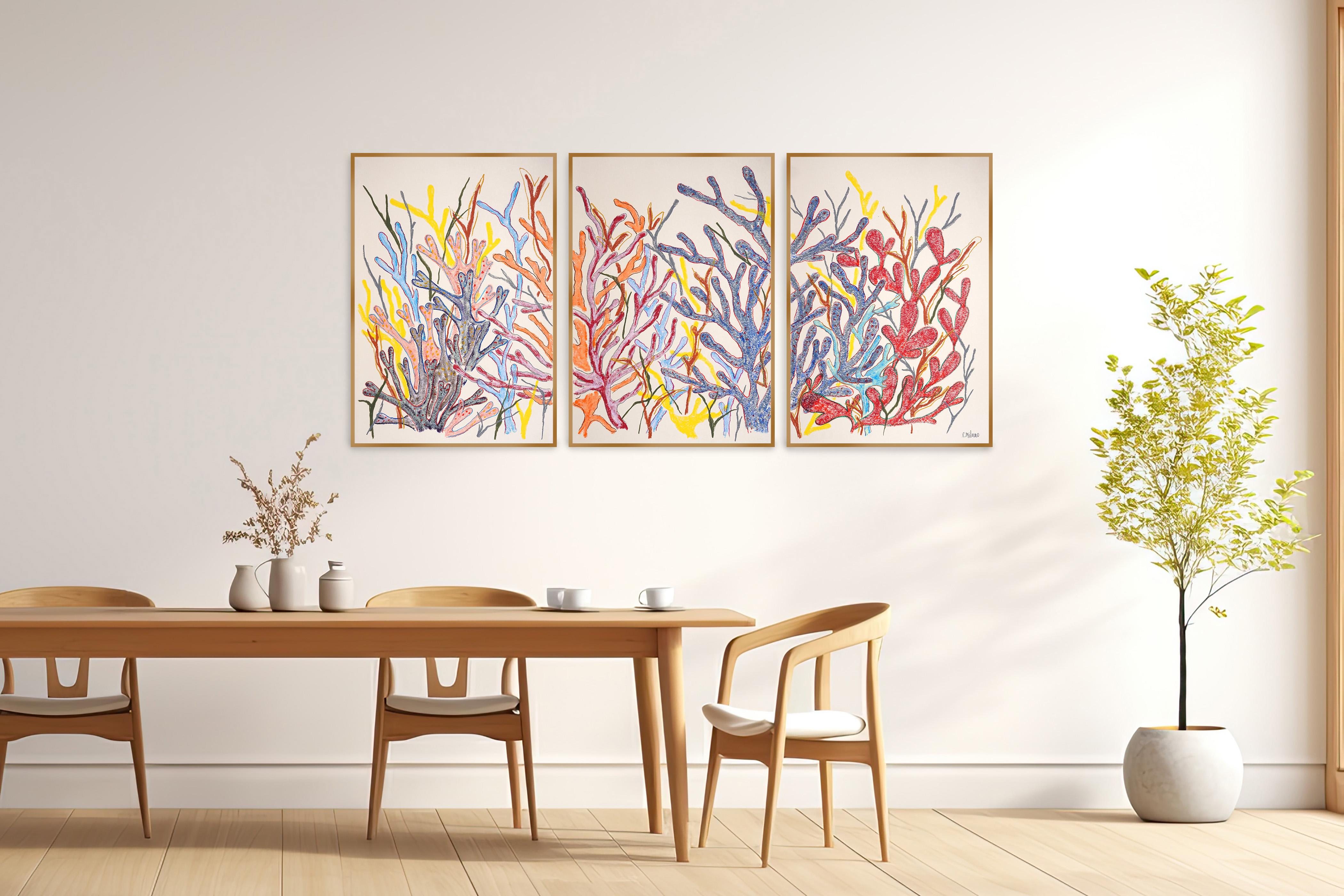 Primäres Korallen-Triptychon, Korallenriff-Wald, bunte tropische Meereslandschaft auf Papier im Angebot 6
