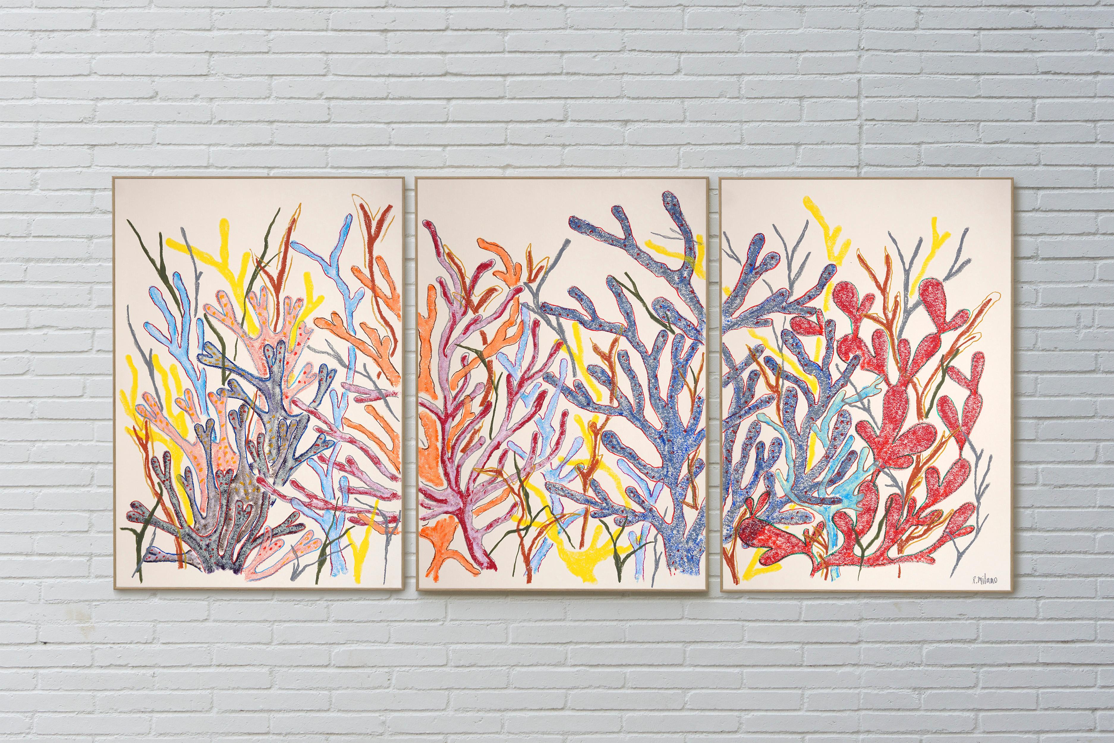 Primäres Korallen-Triptychon, Korallenriff-Wald, bunte tropische Meereslandschaft auf Papier – Painting von Romina Milano