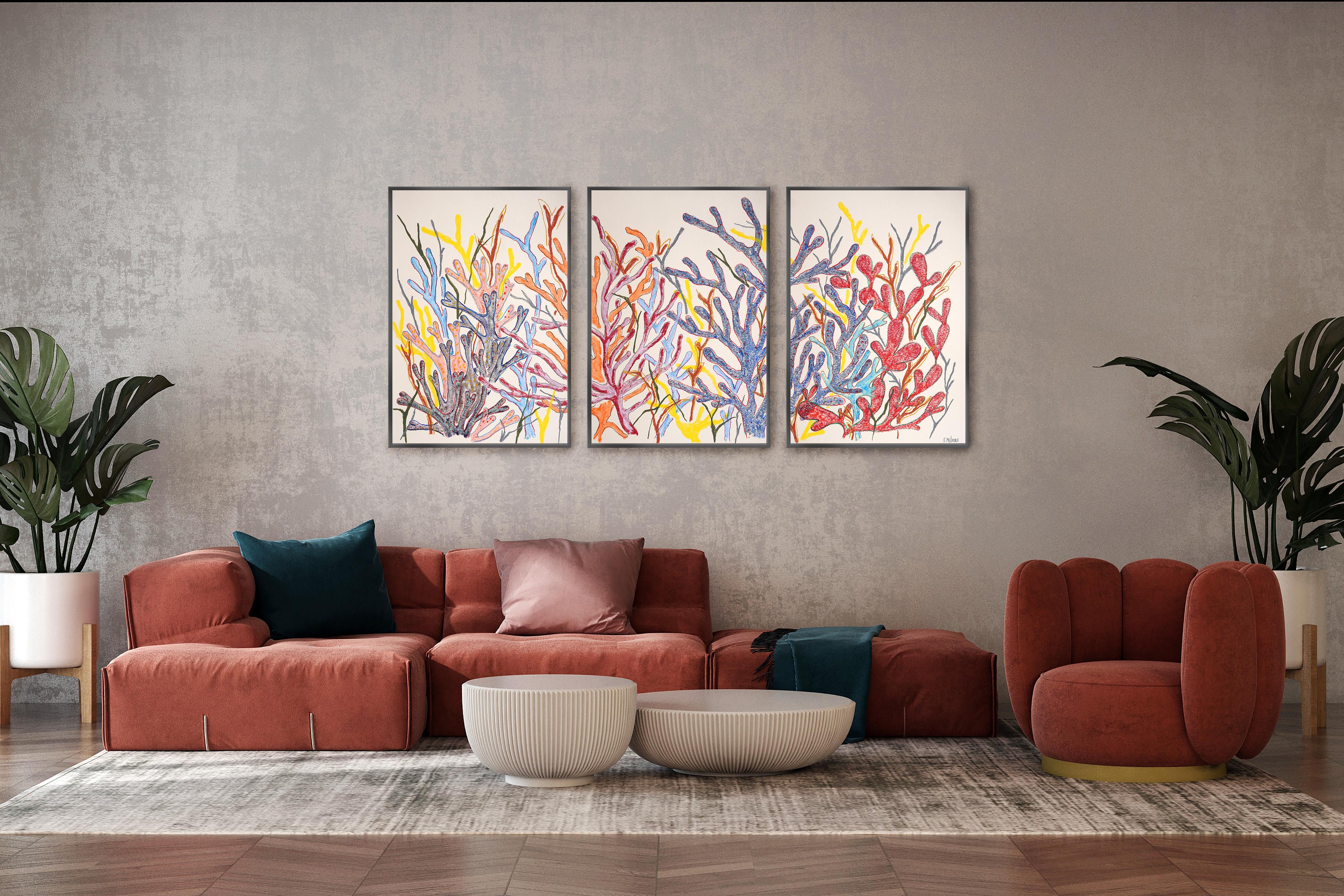 Primäres Korallen-Triptychon, Korallenriff-Wald, bunte tropische Meereslandschaft auf Papier (Naturalismus), Painting, von Romina Milano