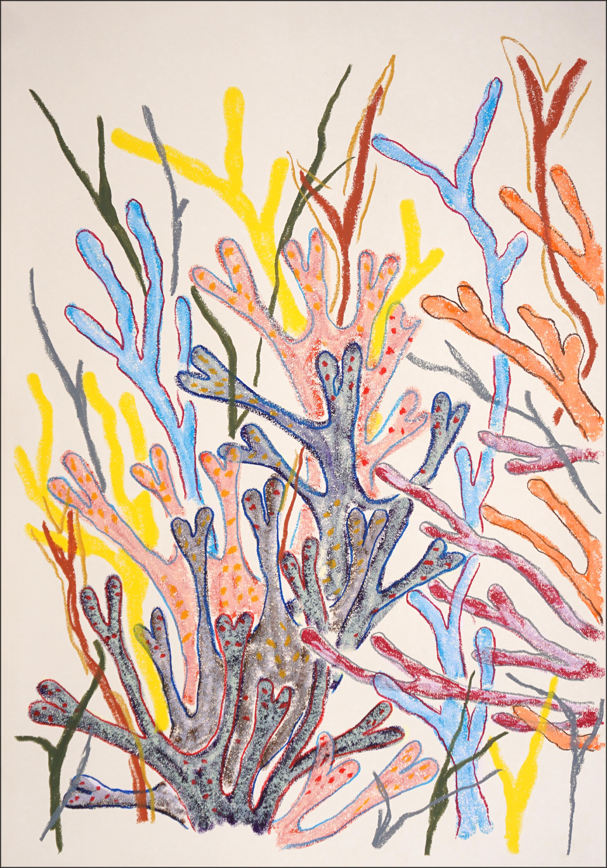 Primäres Korallen-Triptychon, Korallenriff-Wald, bunte tropische Meereslandschaft auf Papier (Beige), Landscape Painting, von Romina Milano