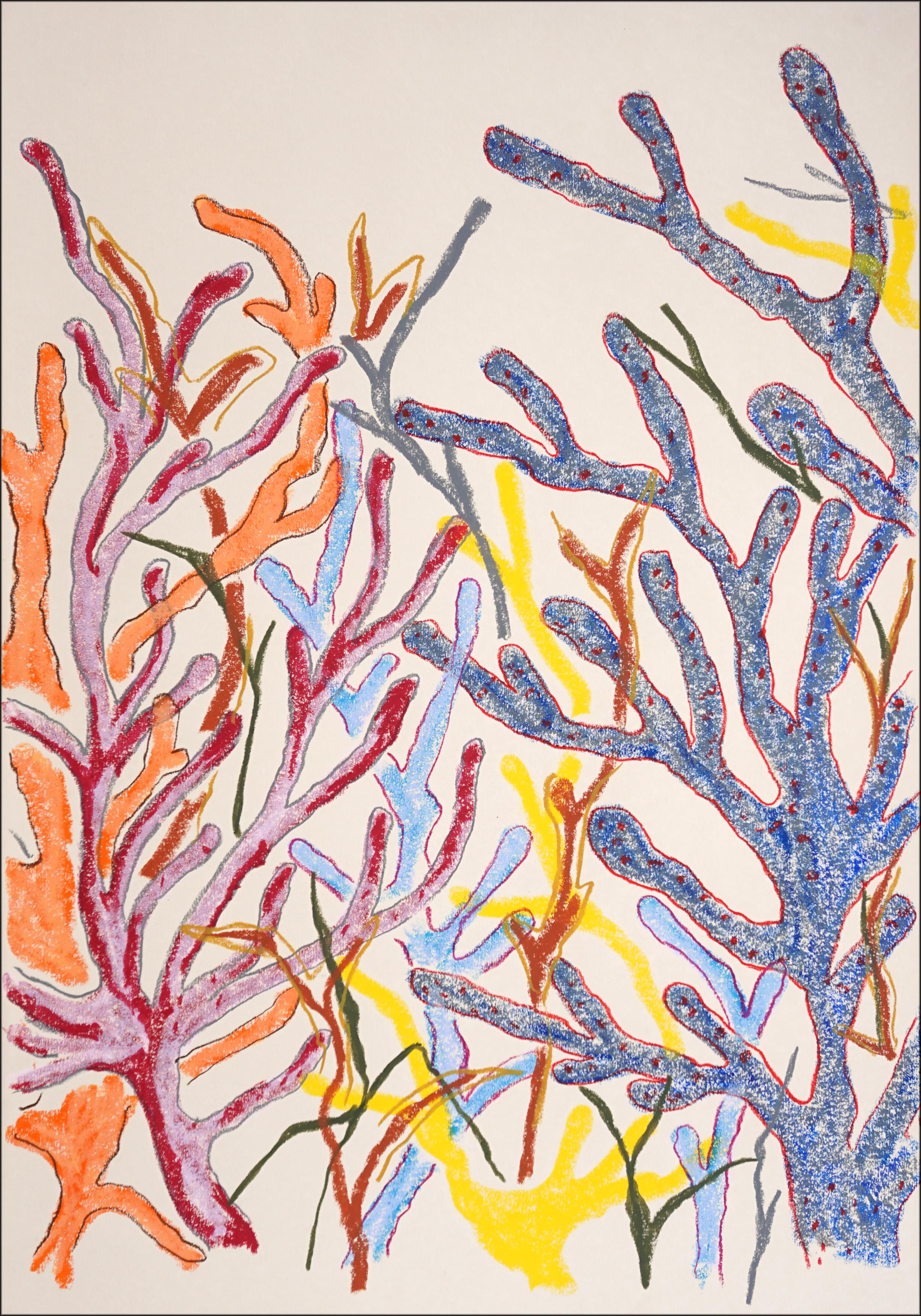 Primary Coral Forest Triptych ist ein wunderschönes originelles Triptychon, das die Energie organischer Formen durch wiederholte Linien und Gesten erforscht. Astähnliche Formen schlängeln sich in wechselnden Rot-, Blau-, Gelb- und Grüntönen über das