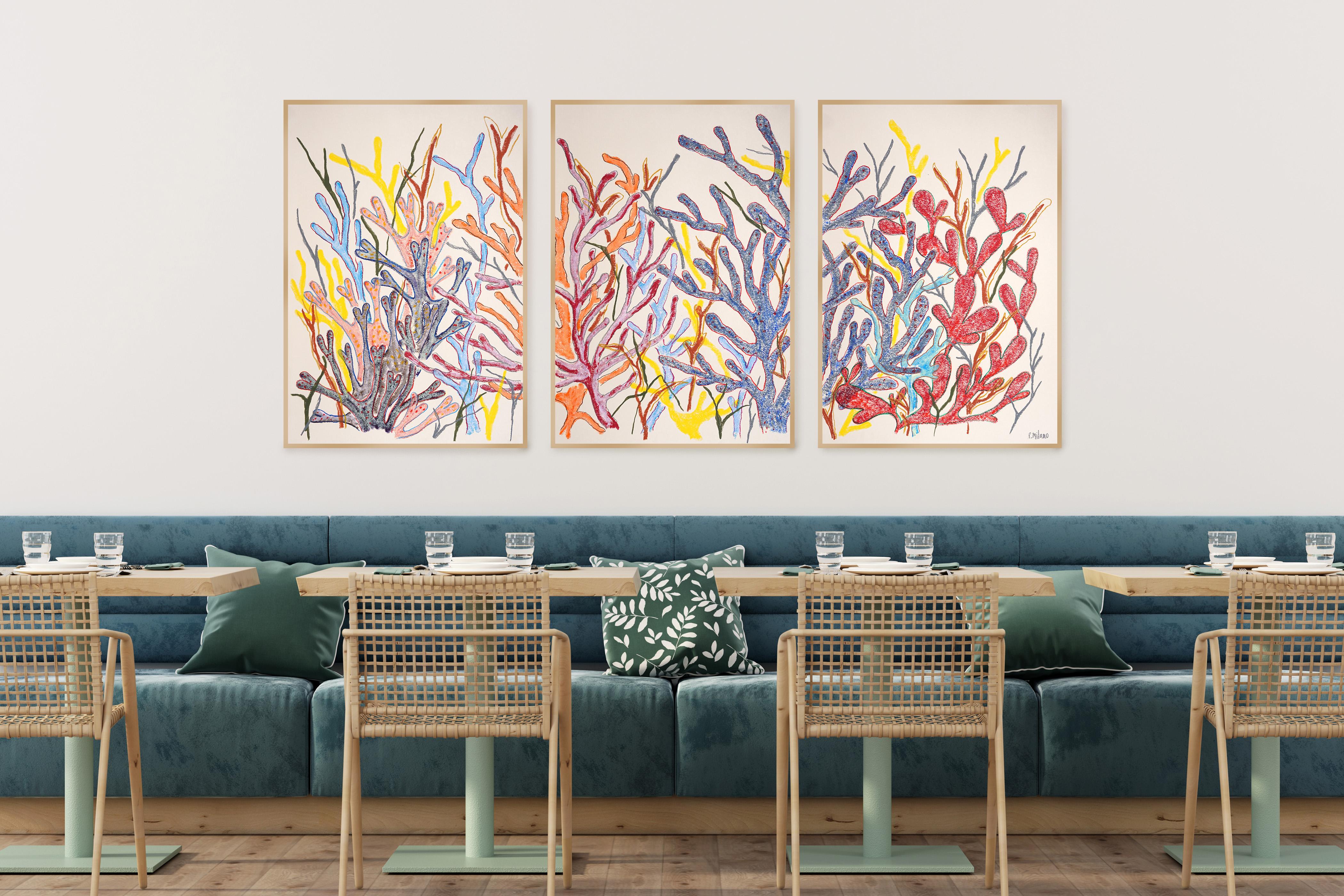 Primäres Korallen-Triptychon, Korallenriff-Wald, bunte tropische Meereslandschaft auf Papier im Angebot 2