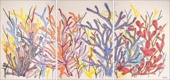 Triptyque de coraux primaires, forêt de récifs coralliens, paysage marin tropical coloré sur papier
