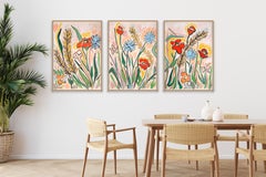 Provence Flower Field, Wild Poppy Flowers, Dandelions, Large Abstract Triptych