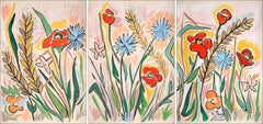 Provence Flower Field, Wild Poppy Flowers, Dandelions, Large Abstract Triptych 