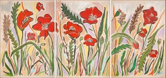 Provence Flower Field, Wild Poppy Flowers Garden, Large Abstract Triptych, Red 