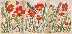Provence Flower Field, Wild Poppy Flowers Garden, Large Abstract Triptych, Red