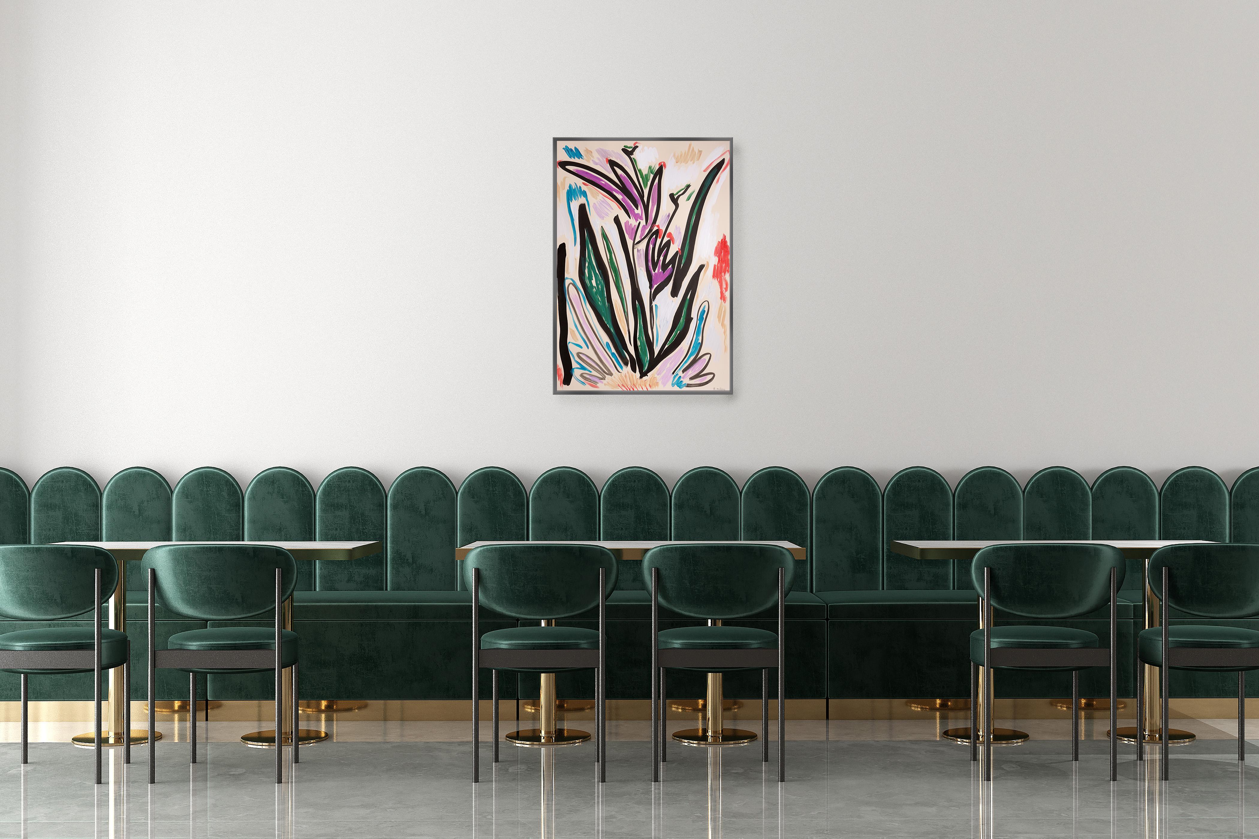 Tulipani viola, fiori sbocciati espressionisti astratti, gesti vigorosi, flora - Painting Espressionista di Romina Milano