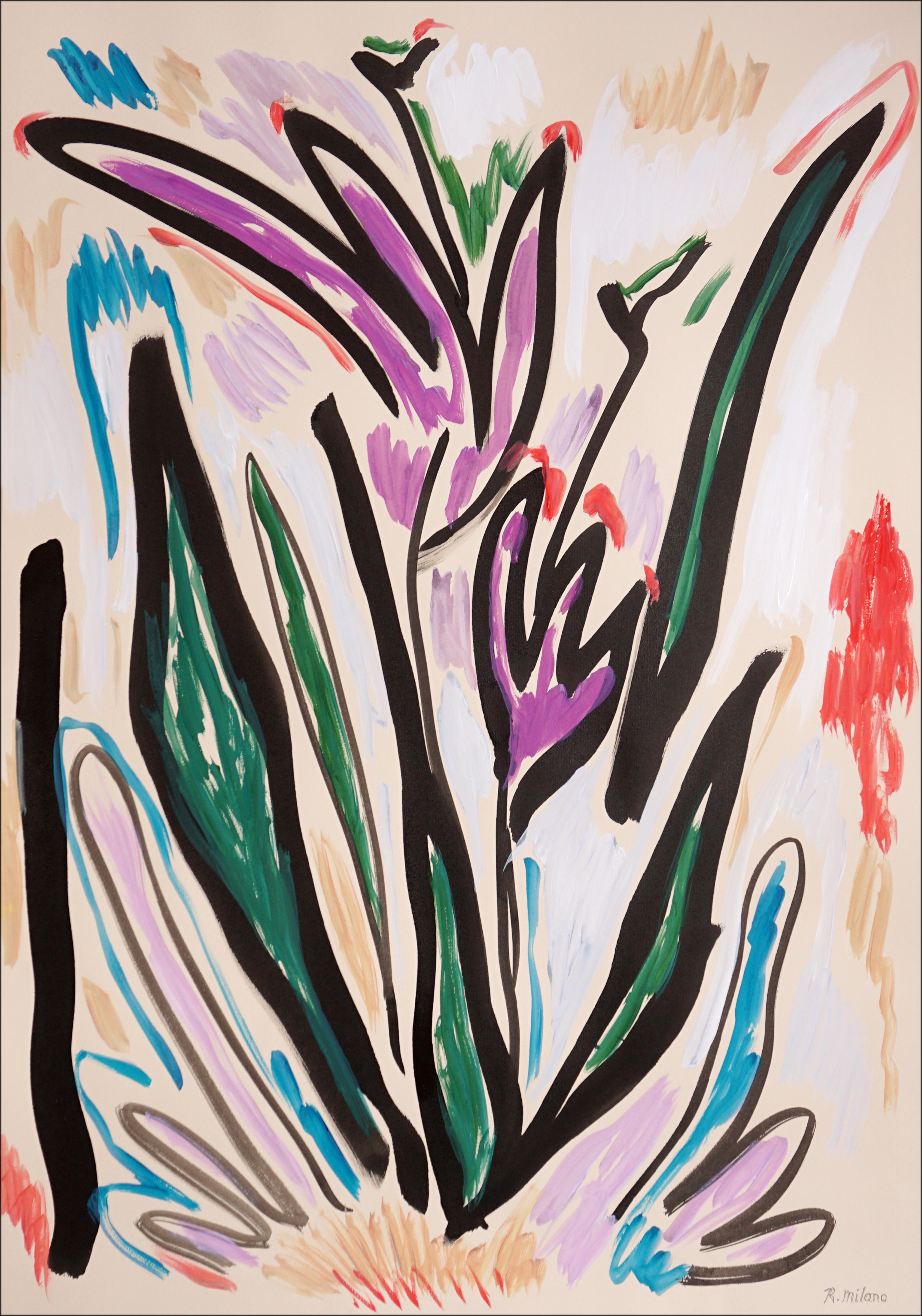 Tulipes violettes, fleurs épanouies expressionnistes abstraites, gestes vigoureux, flore