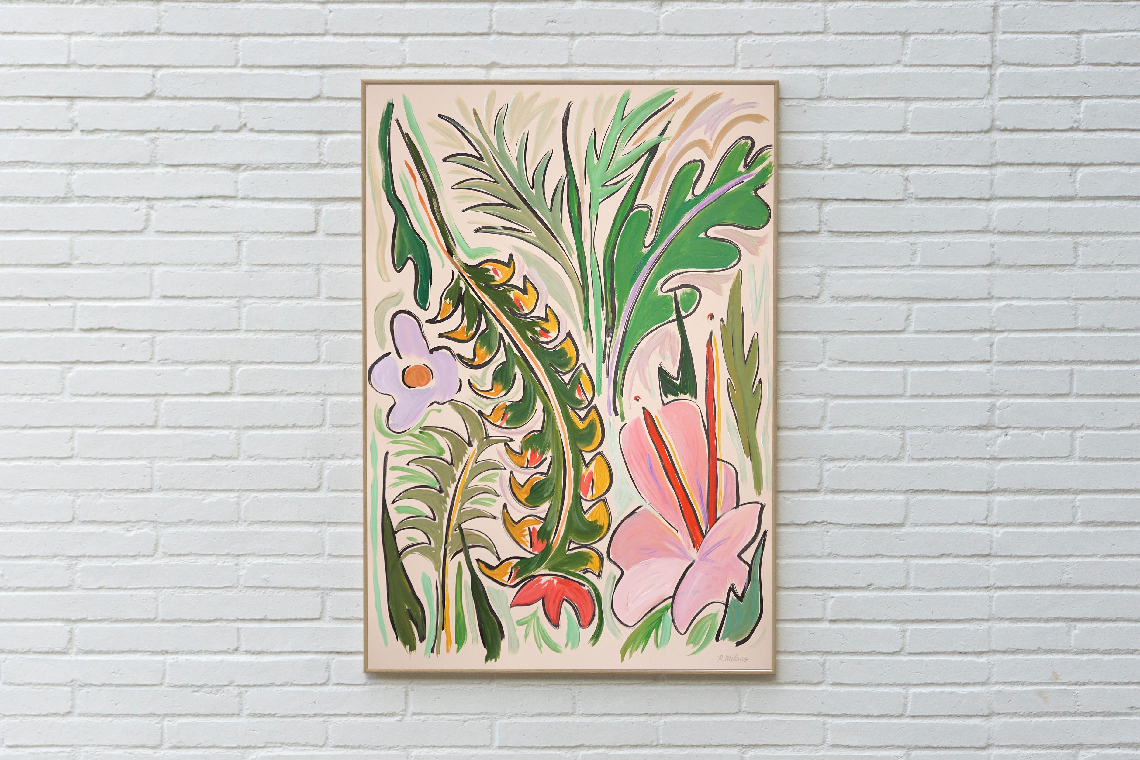 Regenwaldspaziergang, Sonnenaufgang-Ton, Rosa Hibiskusblume, tropische grüne Pflanzgefäße – Painting von Romina Milano