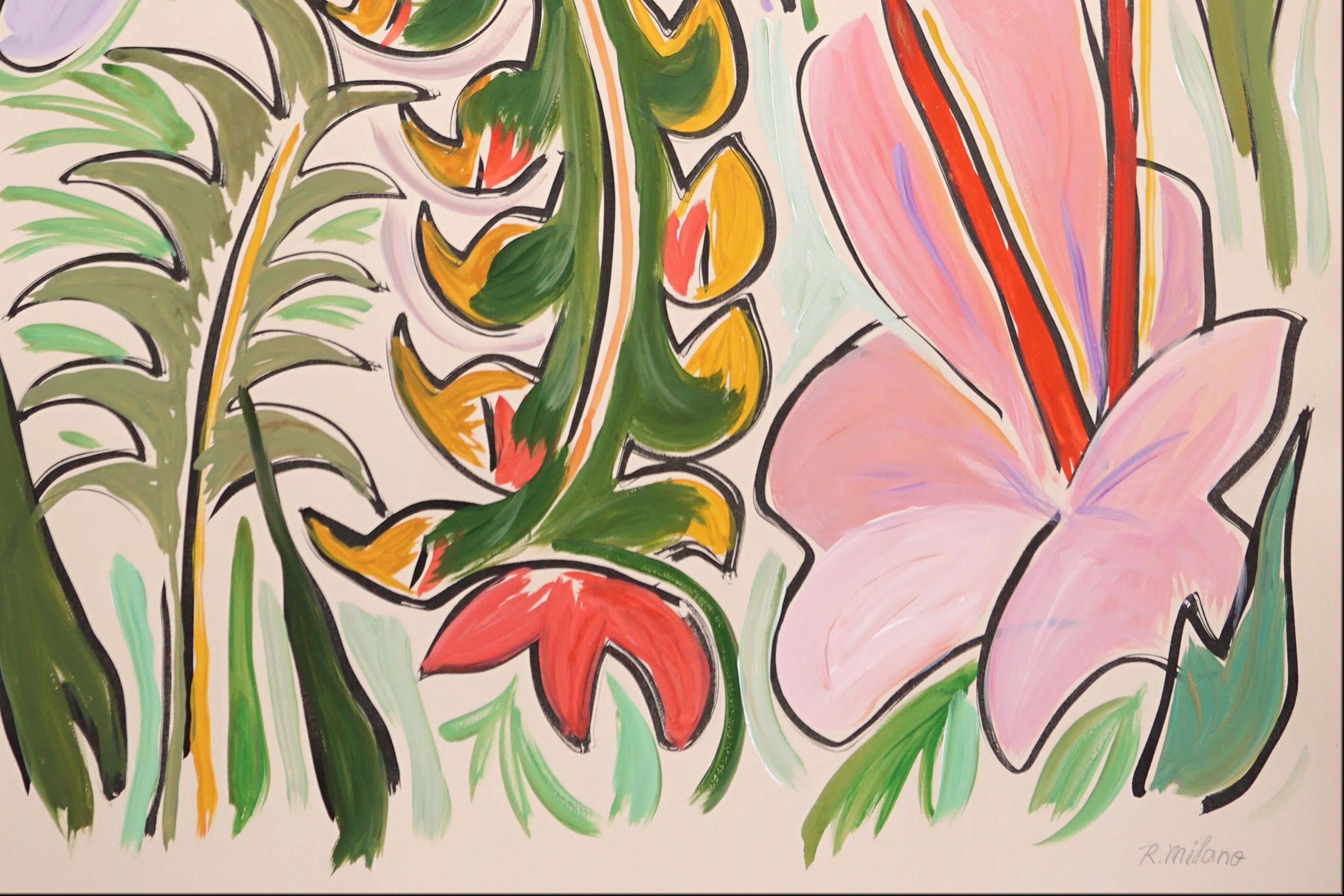 Regenwaldspaziergang, Sonnenaufgang-Ton, Rosa Hibiskusblume, tropische grüne Pflanzgefäße im Angebot 2