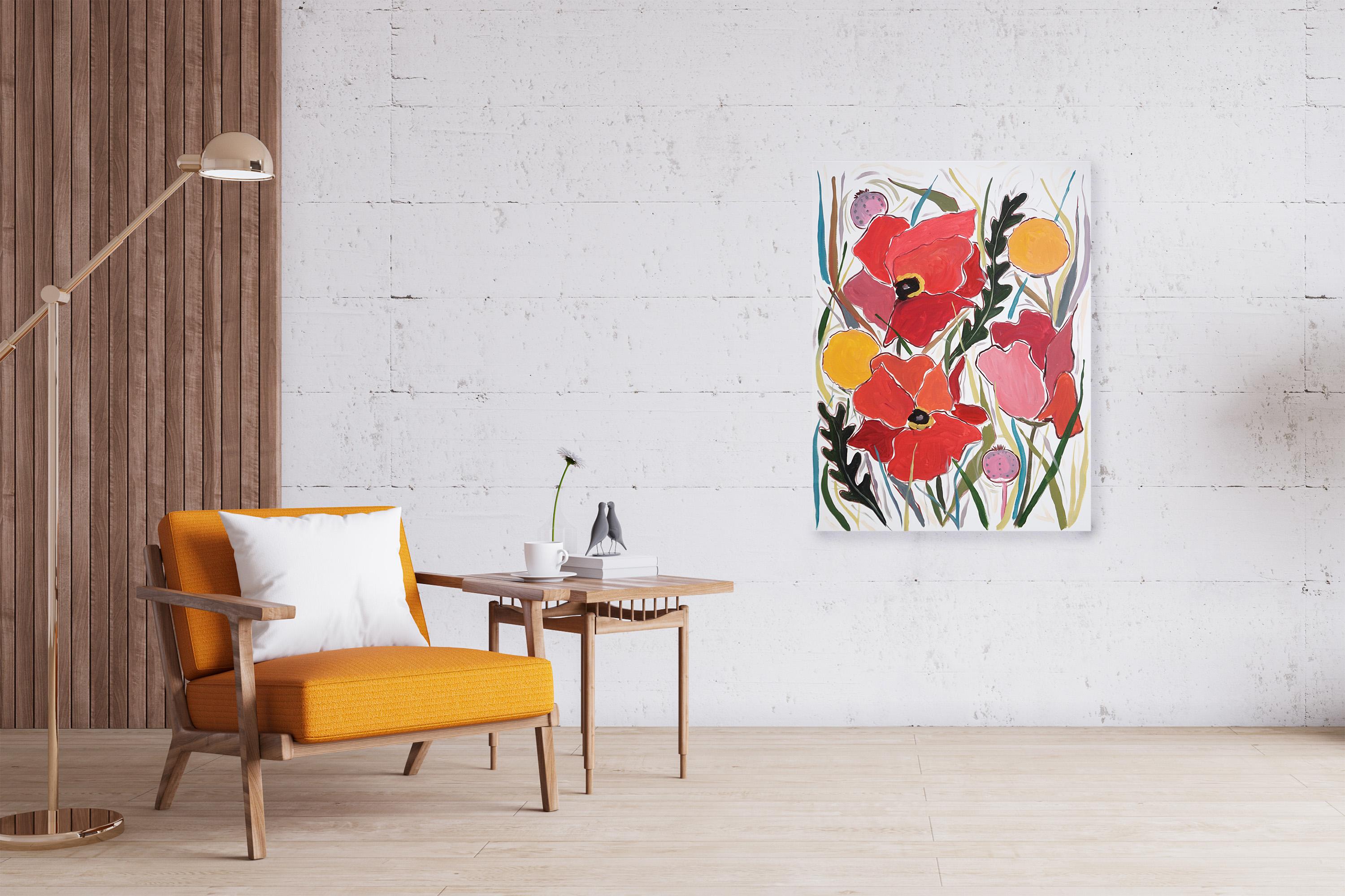 Rote riesige Pflanzgefäße und gelbe Craspedia-Blumen auf Leinwand, Illustration Prairie – Painting von Romina Milano