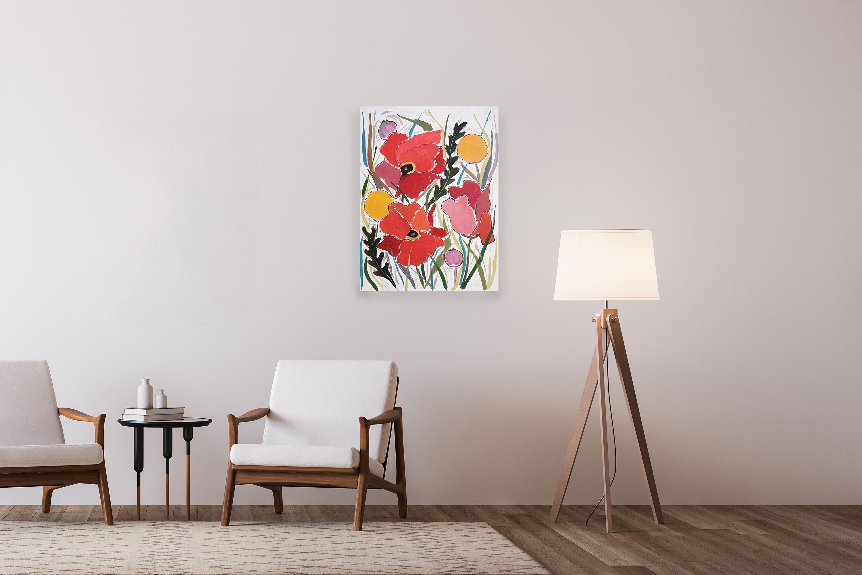 Rote riesige Pflanzgefäße und gelbe Craspedia-Blumen auf Leinwand, Illustration Prairie (Moderne), Painting, von Romina Milano