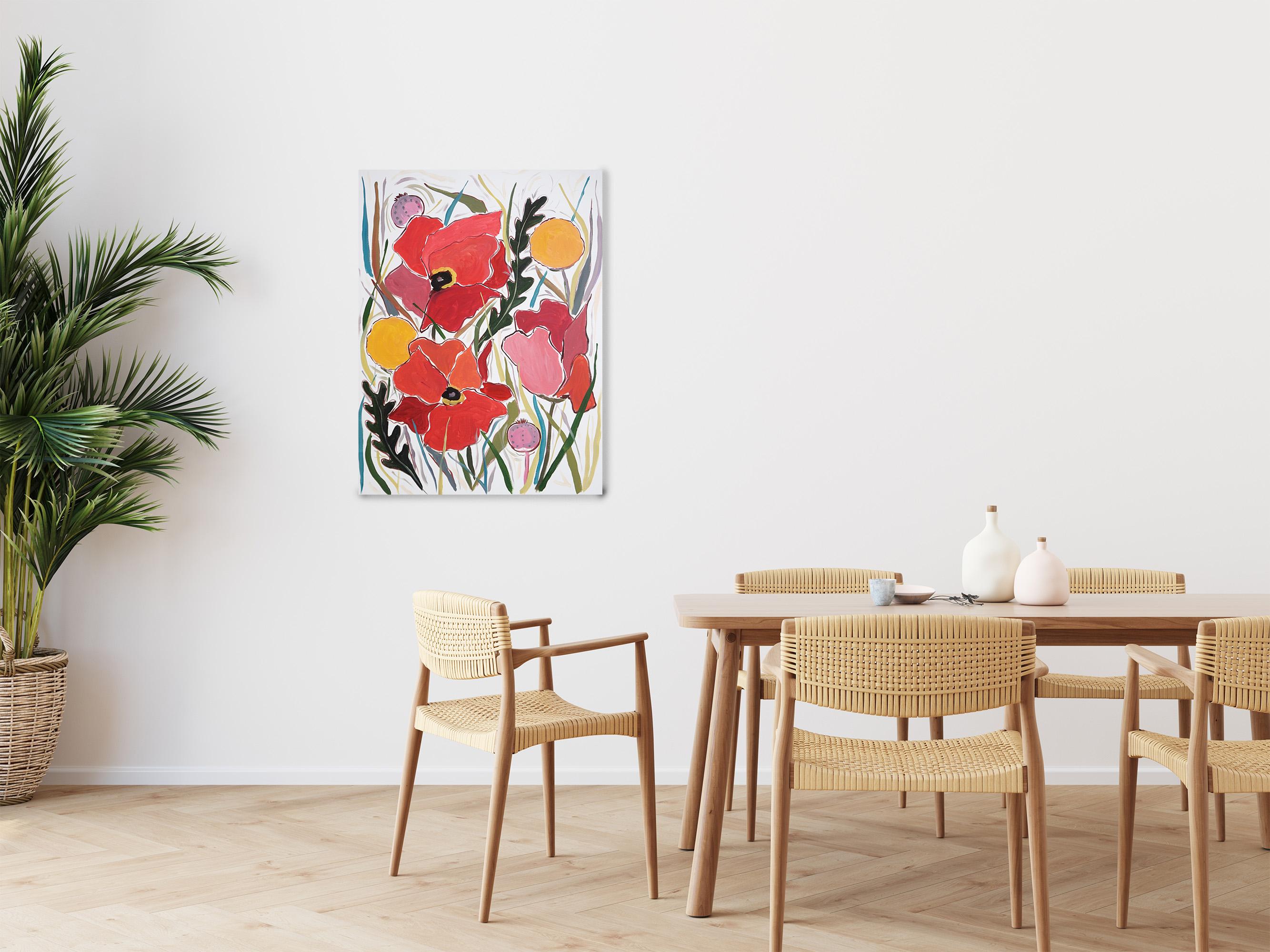 Red Giant Poppies and Yellow Craspedia Flowers on Canvas, Illustration Prairie For Sale 1