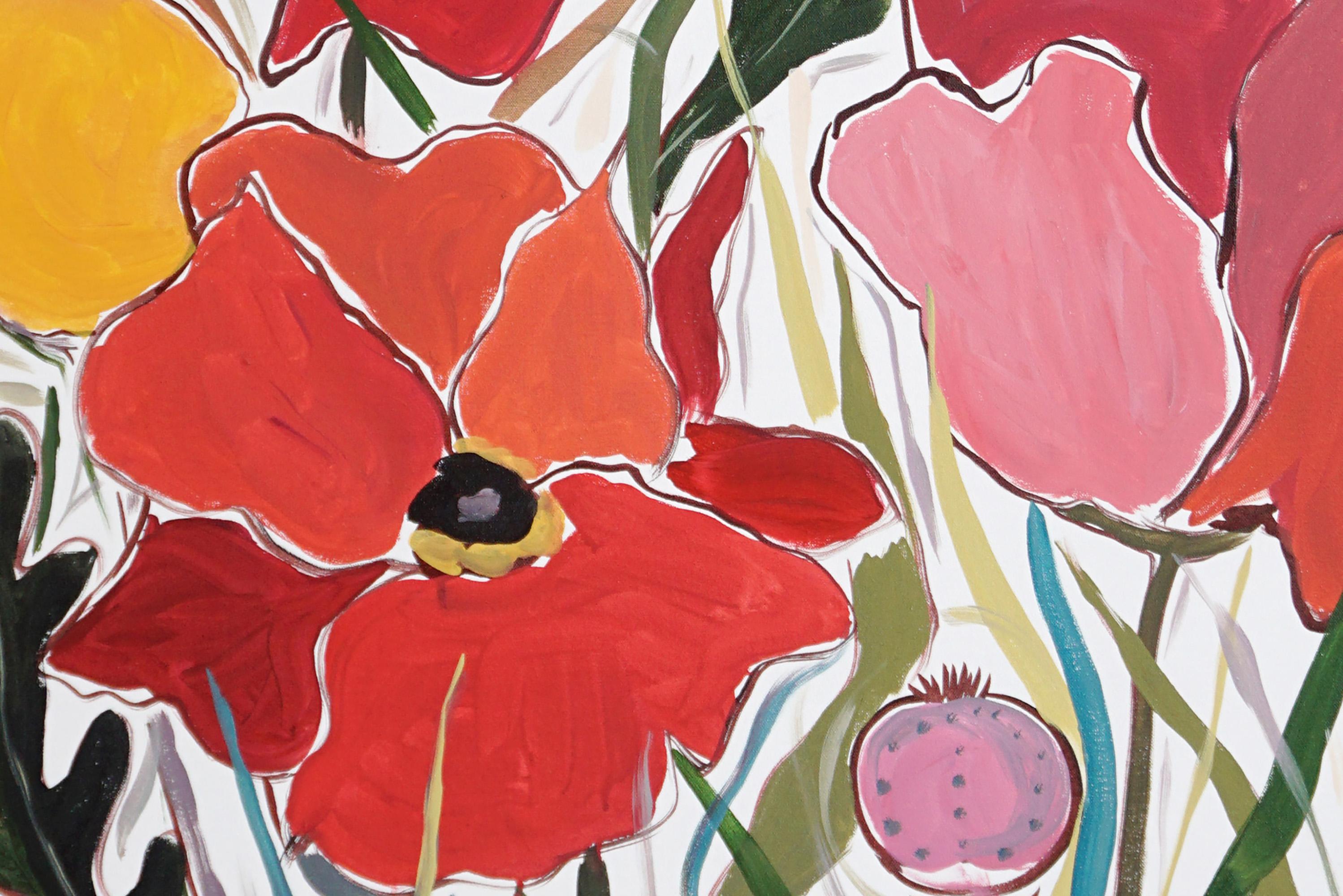 Rote riesige Pflanzgefäße und gelbe Craspedia-Blumen auf Leinwand, Illustration Prairie im Angebot 2