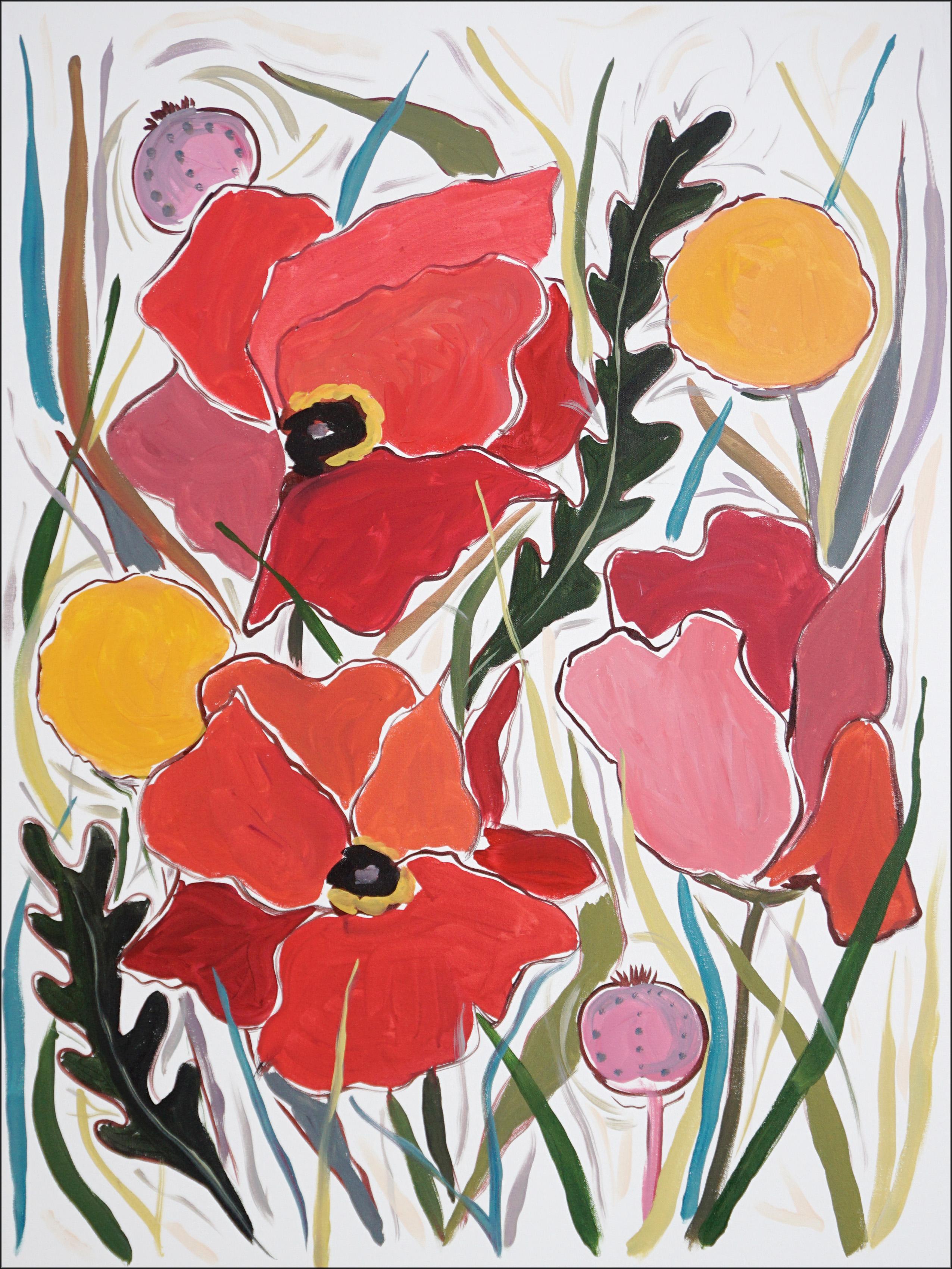 Romina Milano Still-Life Painting – Rote riesige Pflanzgefäße und gelbe Craspedia-Blumen auf Leinwand, Illustration Prairie