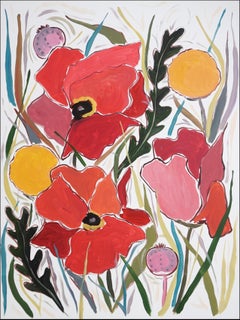 Rote riesige Pflanzgefäße und gelbe Craspedia-Blumen auf Leinwand, Illustration Prairie