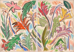 Red Orchid Bloom, Expressionist Flora Diptych in Vivid Tones, Plants Jungle