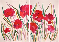 Red Poppy Flower Abstraction, Landscape Diptych, Large Naturalist Wild Flora