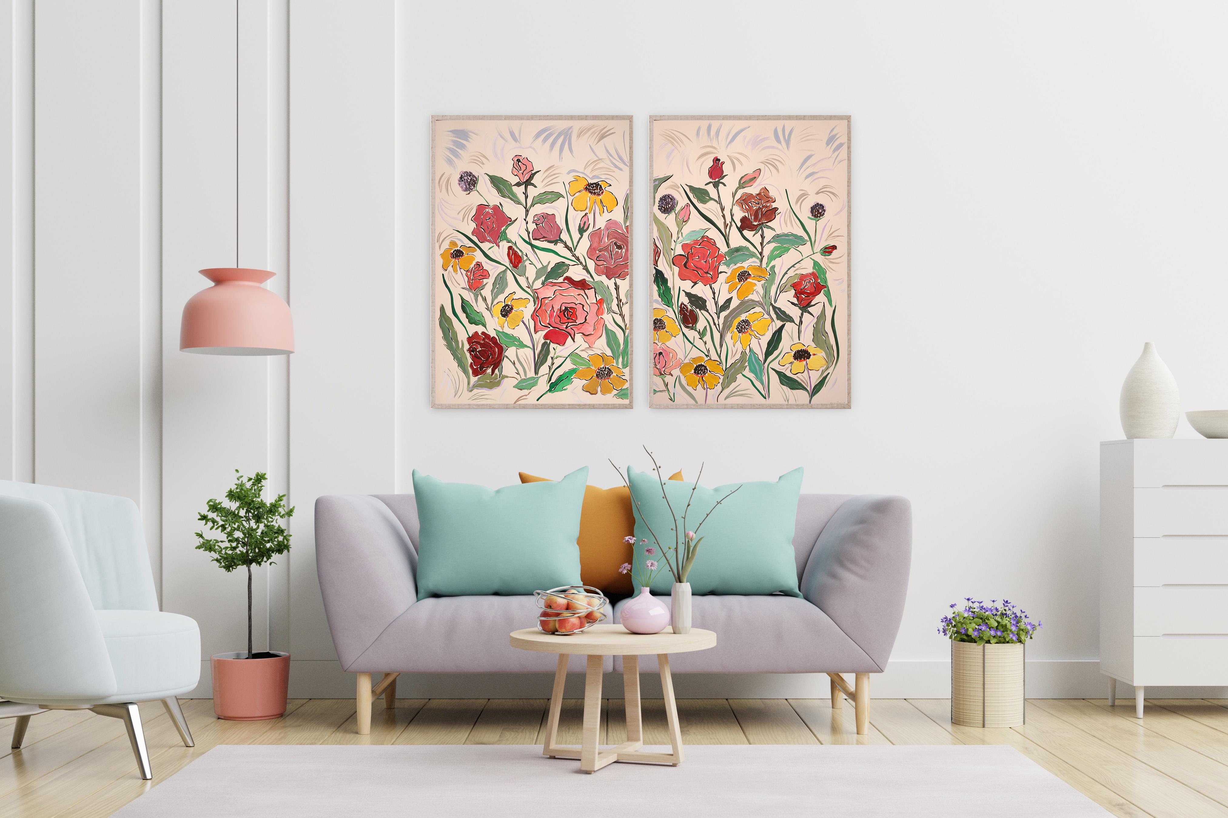 Red Rose Bush, Pink and Yellow Margaritas Diptych, Illustration Style Gestures  - Painting by Romina Milano
