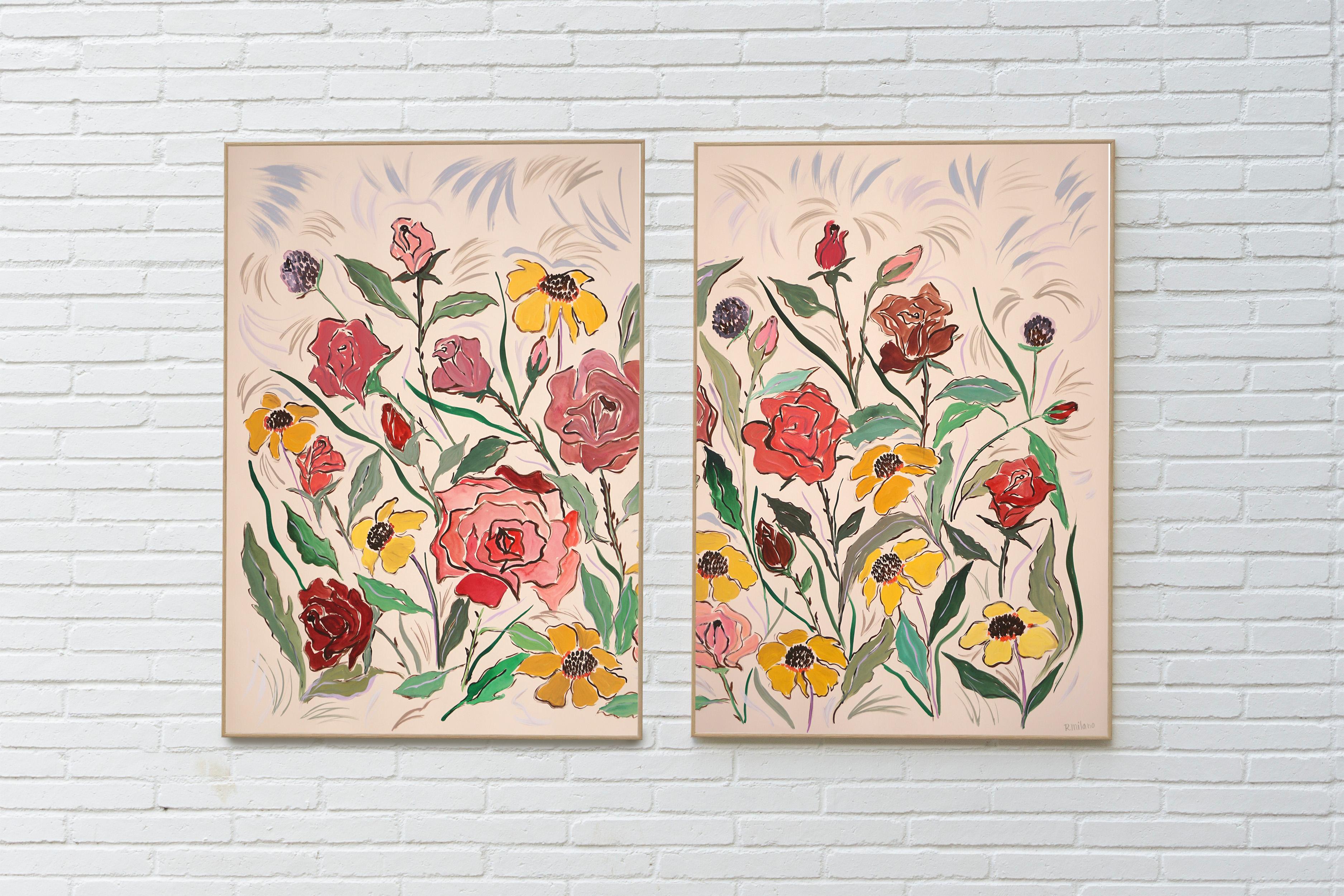 Red Rose Bush, Pink and Yellow Margaritas Diptych, Illustration Style Gestures  - Expressionist Painting by Romina Milano