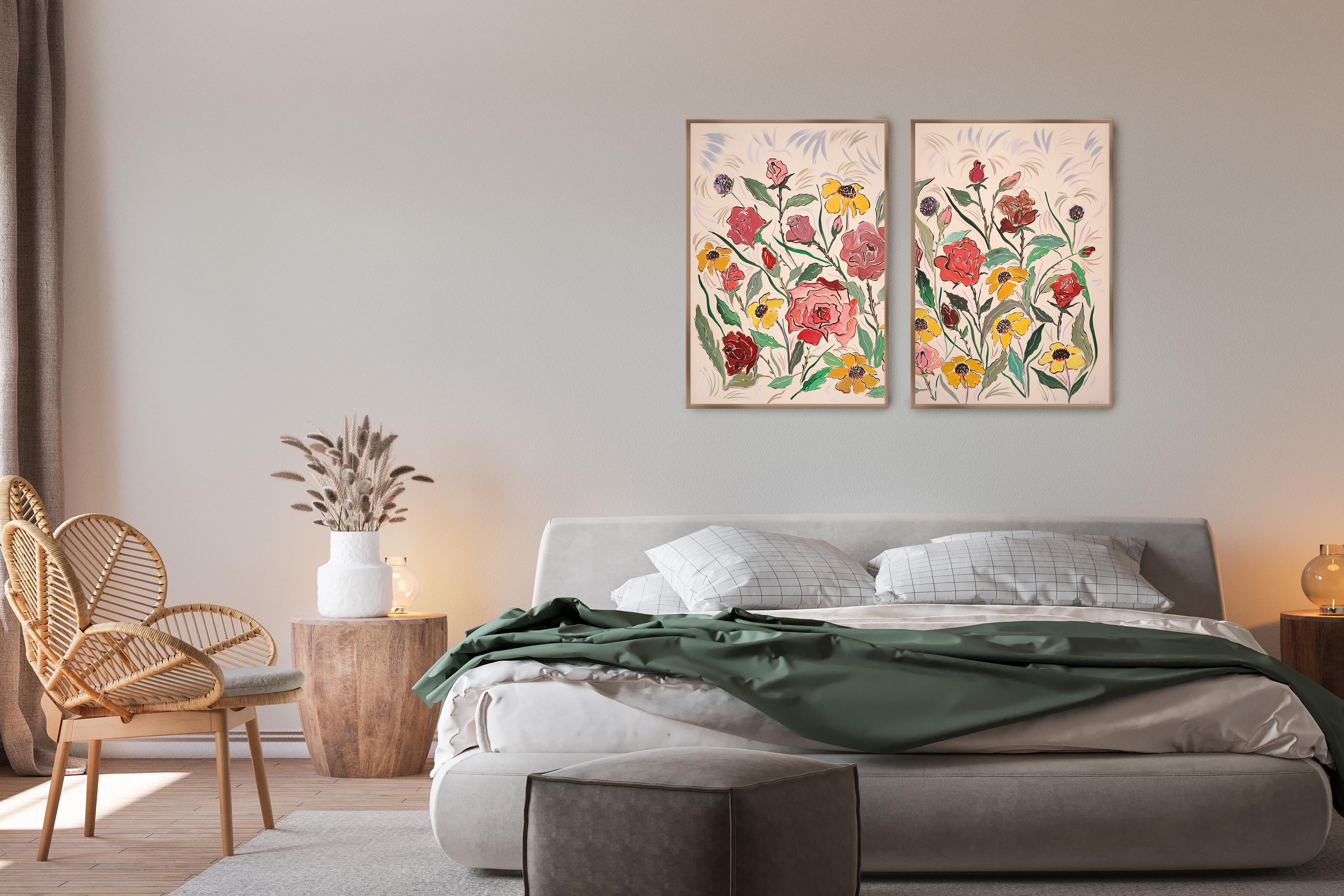 Red Rose Bush, Pink and Yellow Margaritas Diptych, Illustration Style Gestures  For Sale 3