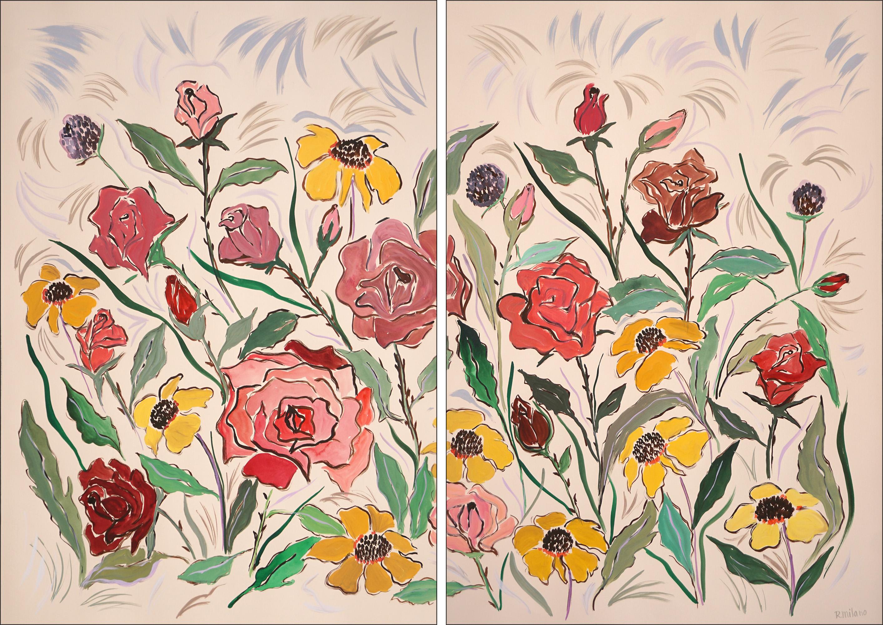 Red Rose Bush, Pink and Yellow Margaritas Diptych, Illustration Style Gestures 