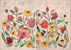 Red Rose Bush, Pink and Yellow Margaritas Diptych, Illustration Style Gestures 