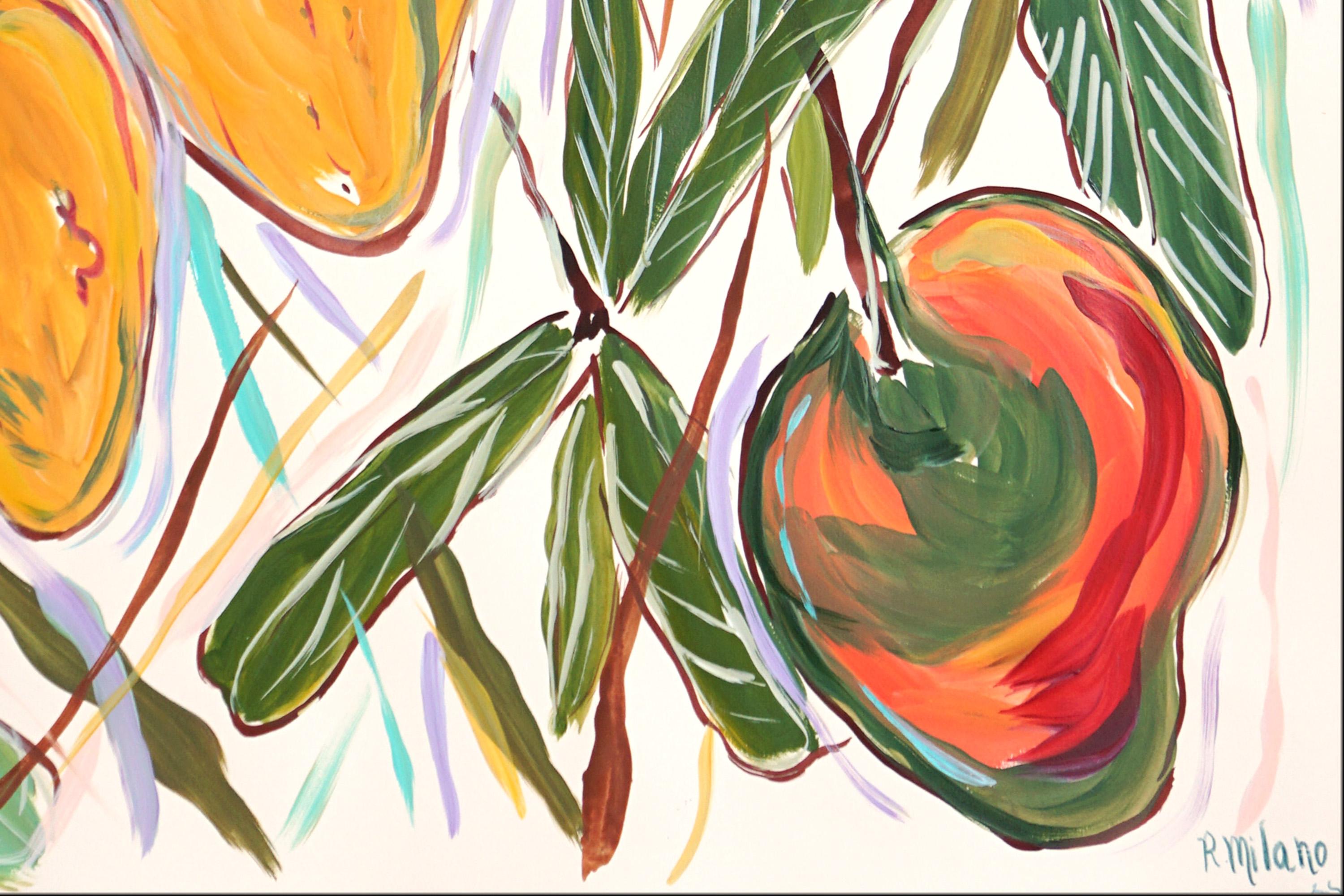 Dittico con cespuglio di mango giallo e maturo, illustrazione botanica, albero da frutto 2024 5