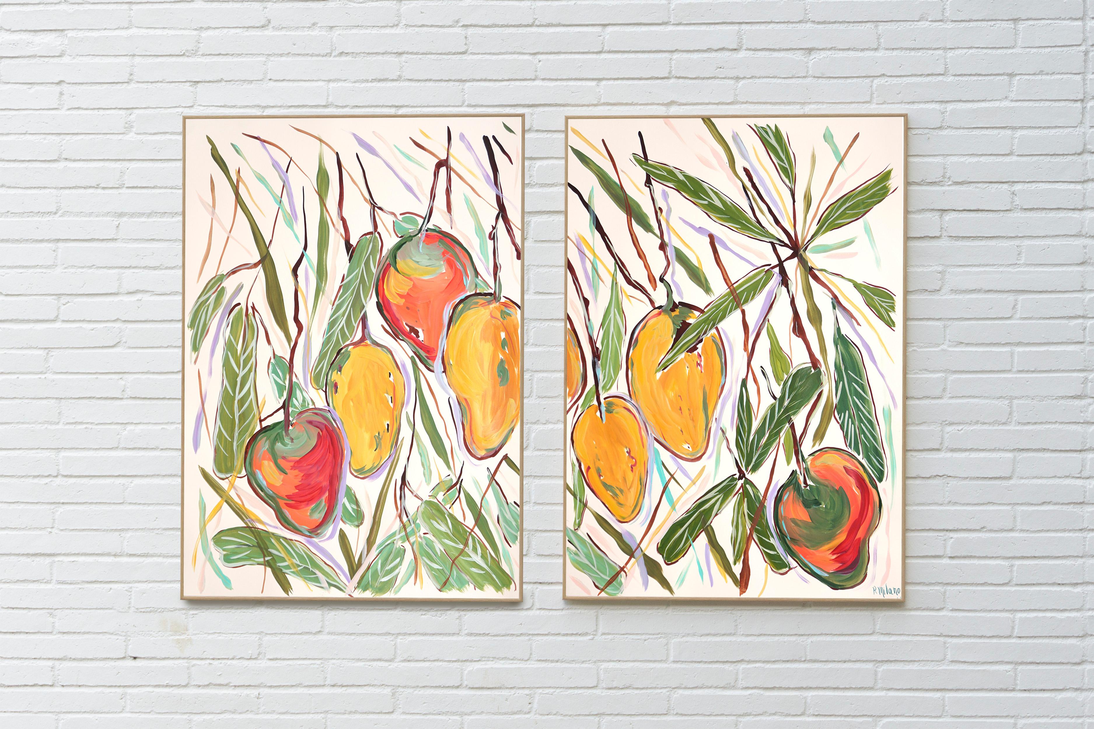 Dittico con cespuglio di mango giallo e maturo, illustrazione botanica, albero da frutto 2024 - Painting di Romina Milano
