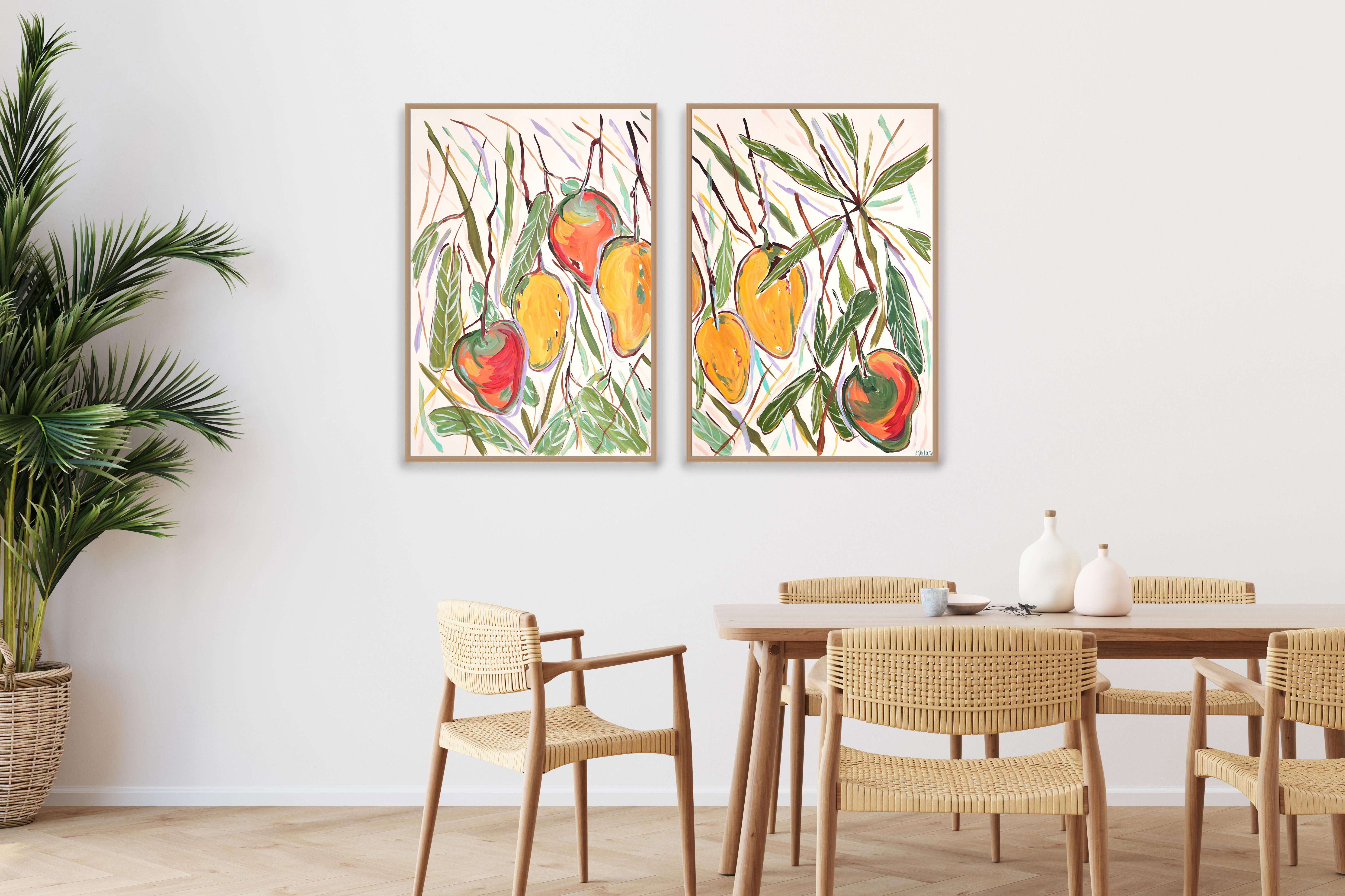 Dittico con cespuglio di mango giallo e maturo, illustrazione botanica, albero da frutto 2024 - Painting Fauvismo di Romina Milano