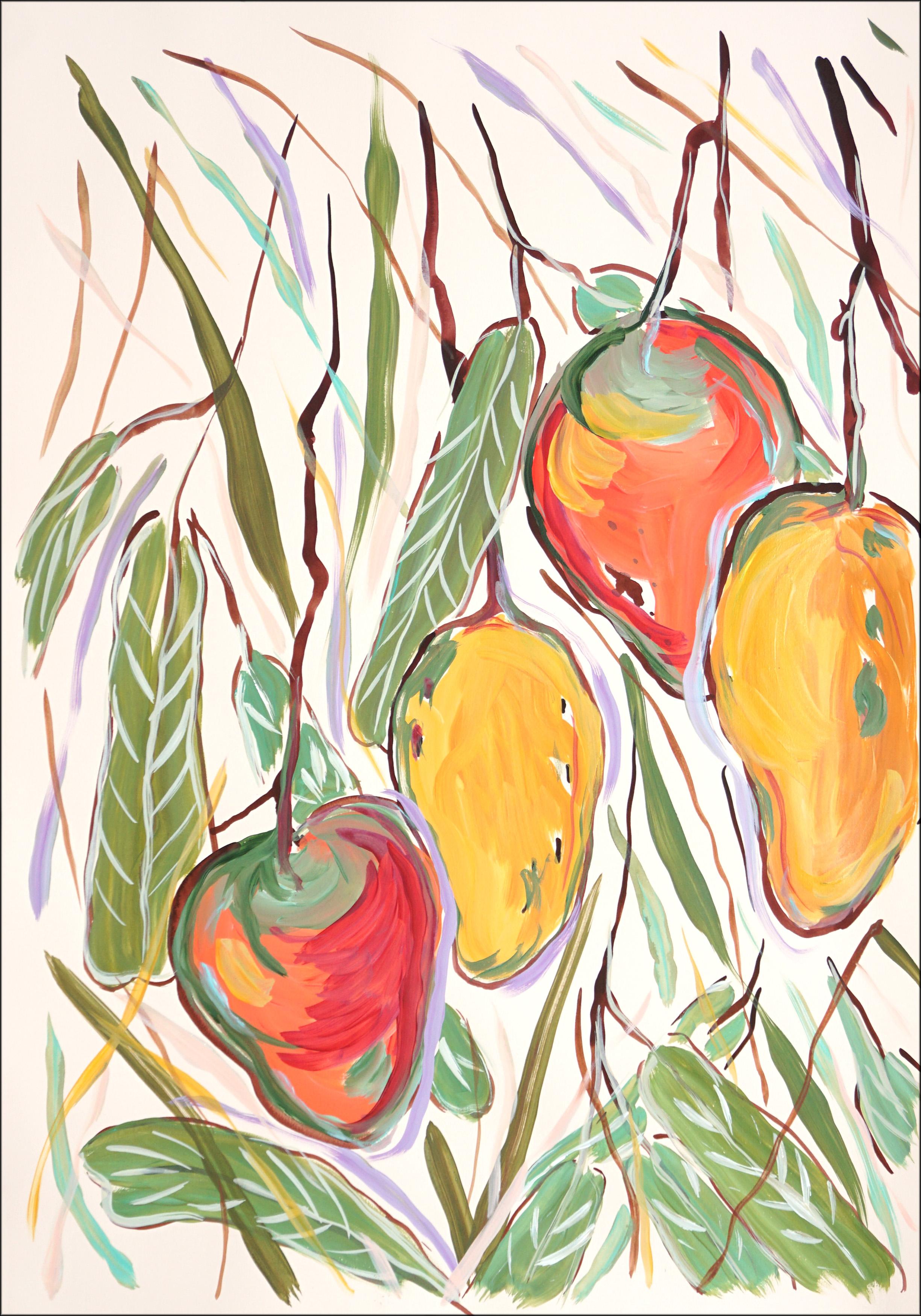 Dittico con cespuglio di mango giallo e maturo, illustrazione botanica, albero da frutto 2024 - Landscape Painting Beige di Romina Milano