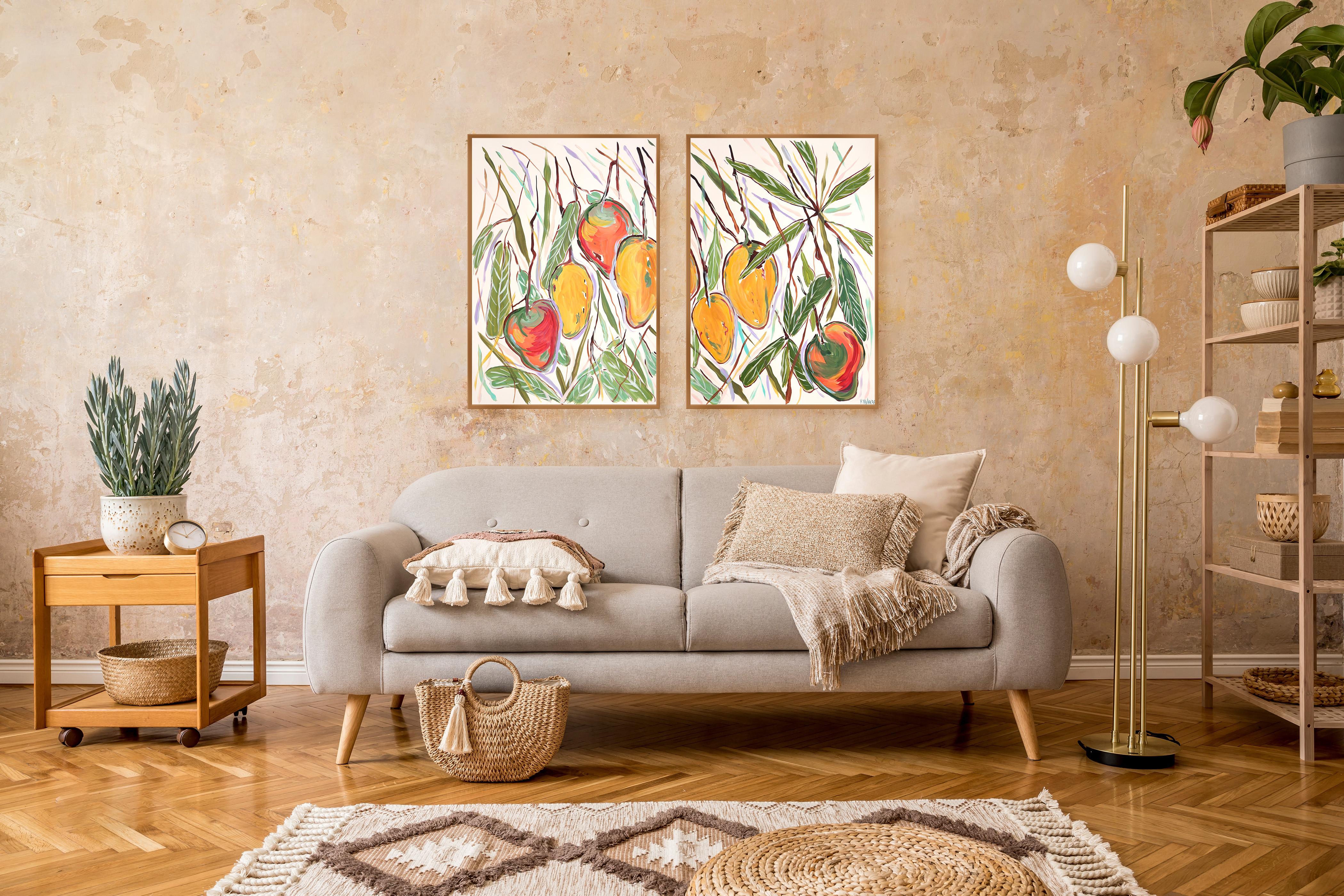Dittico con cespuglio di mango giallo e maturo, illustrazione botanica, albero da frutto 2024 1