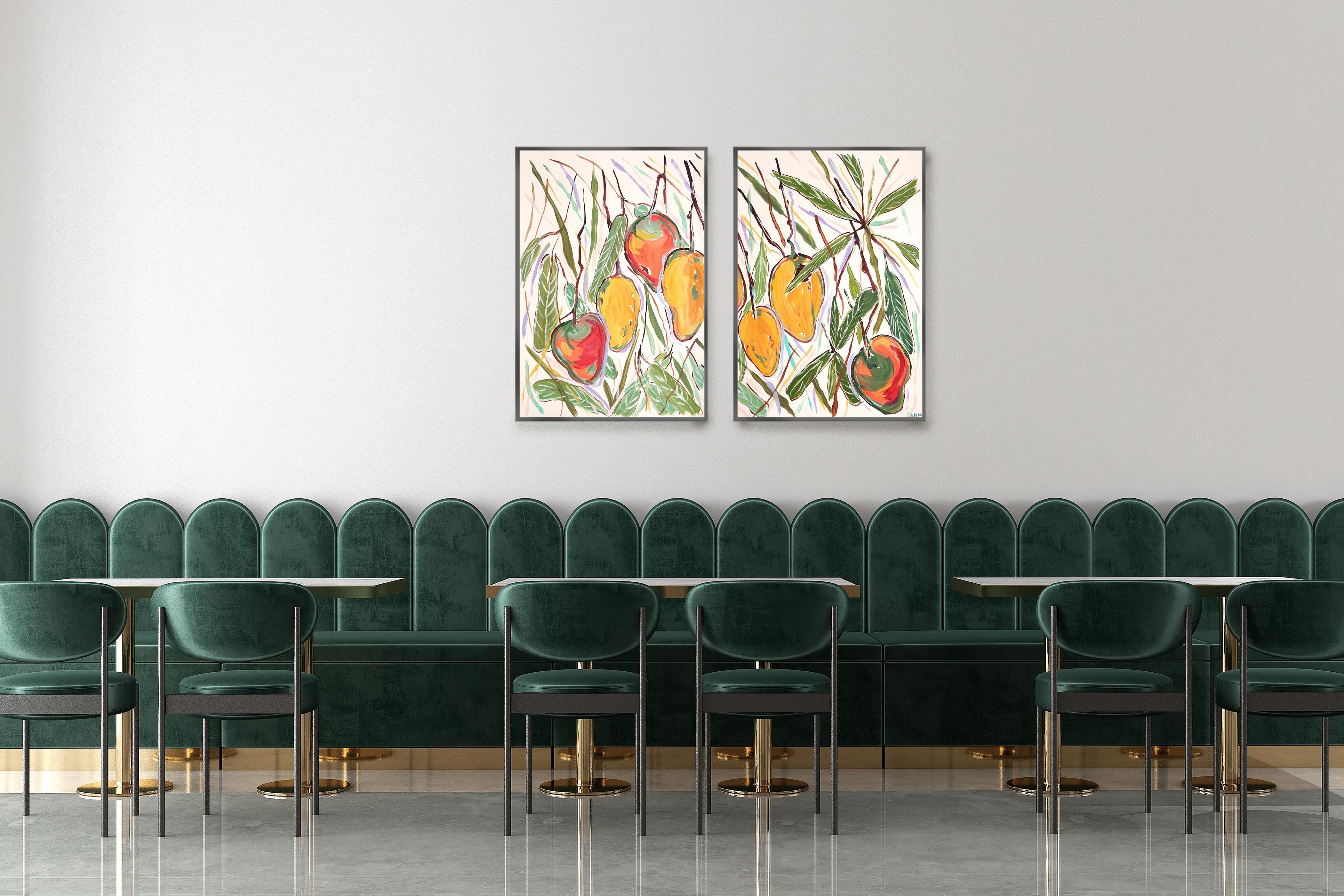 Dittico con cespuglio di mango giallo e maturo, illustrazione botanica, albero da frutto 2024 2