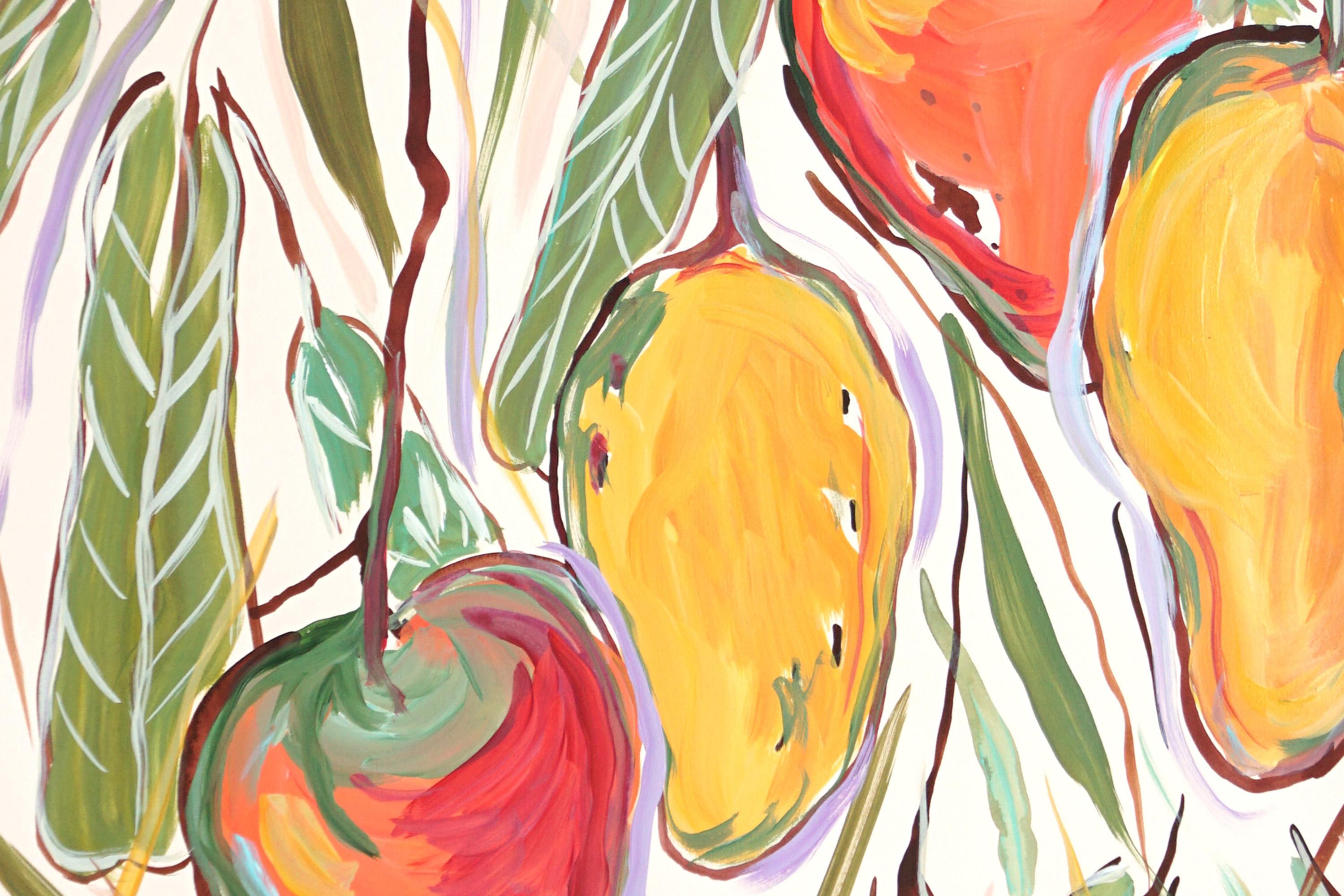 Dittico con cespuglio di mango giallo e maturo, illustrazione botanica, albero da frutto 2024 3