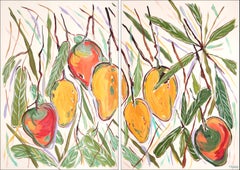 Dittico con cespuglio di mango giallo e maturo, illustrazione botanica, albero da frutto 2024