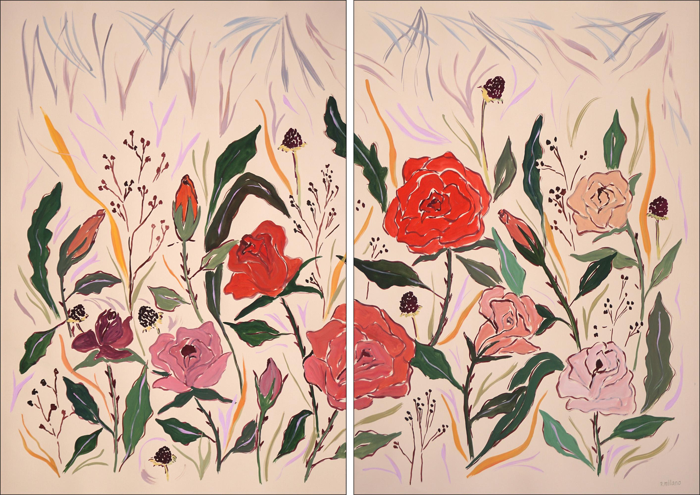 Romina Milano - Rose Bush II, Pink and Red Roses Diptych, Illustration ...
