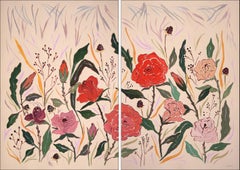 Rose Bush II, Pink and Red Roses Diptych, Illustration Style, Blue Brushstrokes 