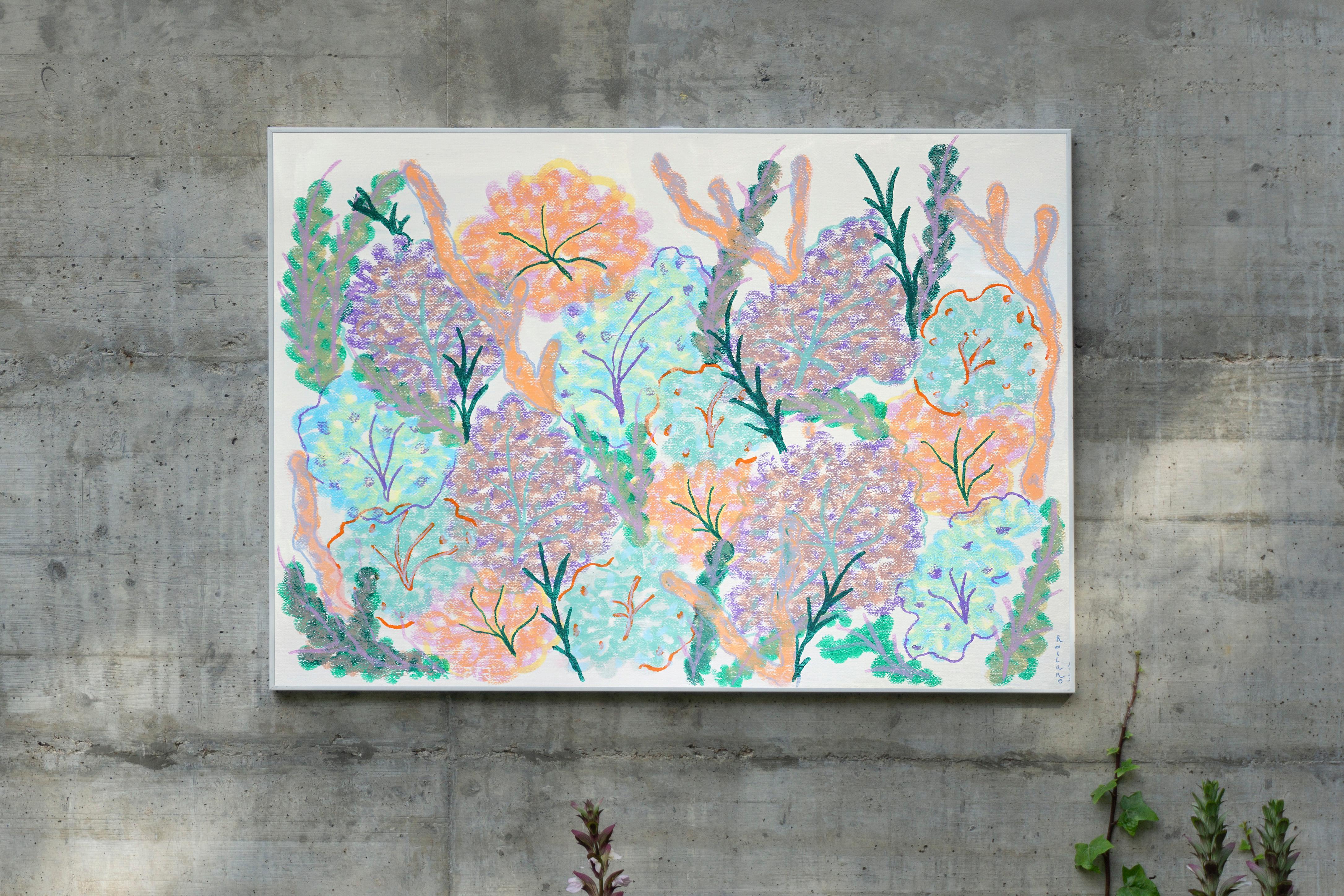 Meeresschwämme und Algen, abstrakte Meeresmalerei, grünes und violettes Pastell – Painting von Romina Milano