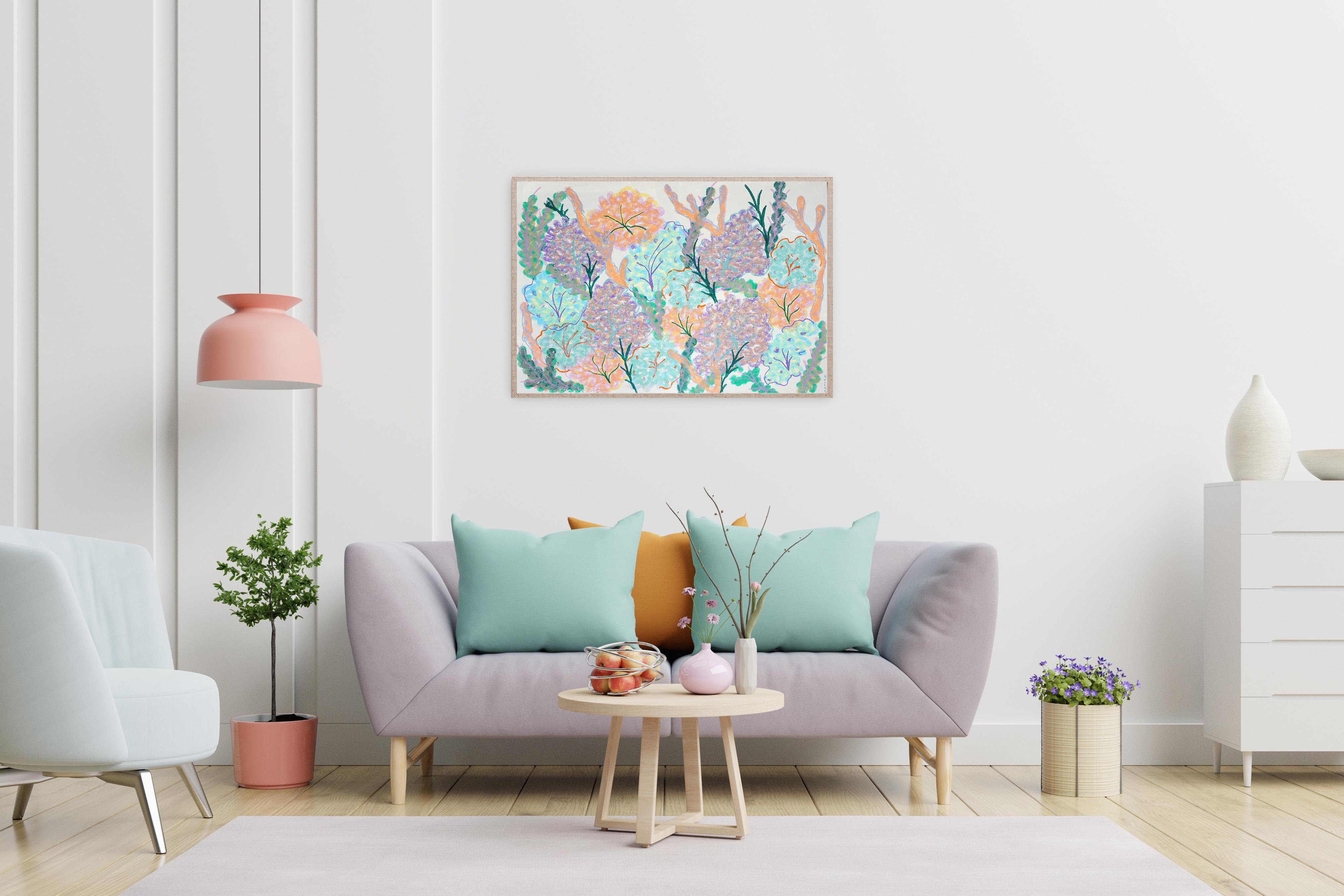 Meeresschwämme und Algen, abstrakte Meeresmalerei, grünes und violettes Pastell (Impressionismus), Painting, von Romina Milano