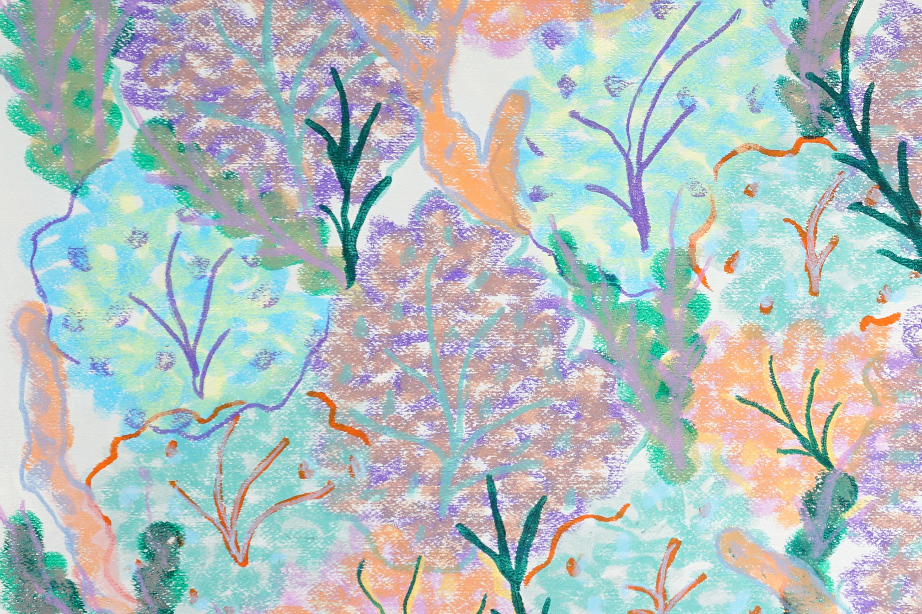 Meeresschwämme und Algen, abstrakte Meeresmalerei, grünes und violettes Pastell (Grau), Landscape Painting, von Romina Milano