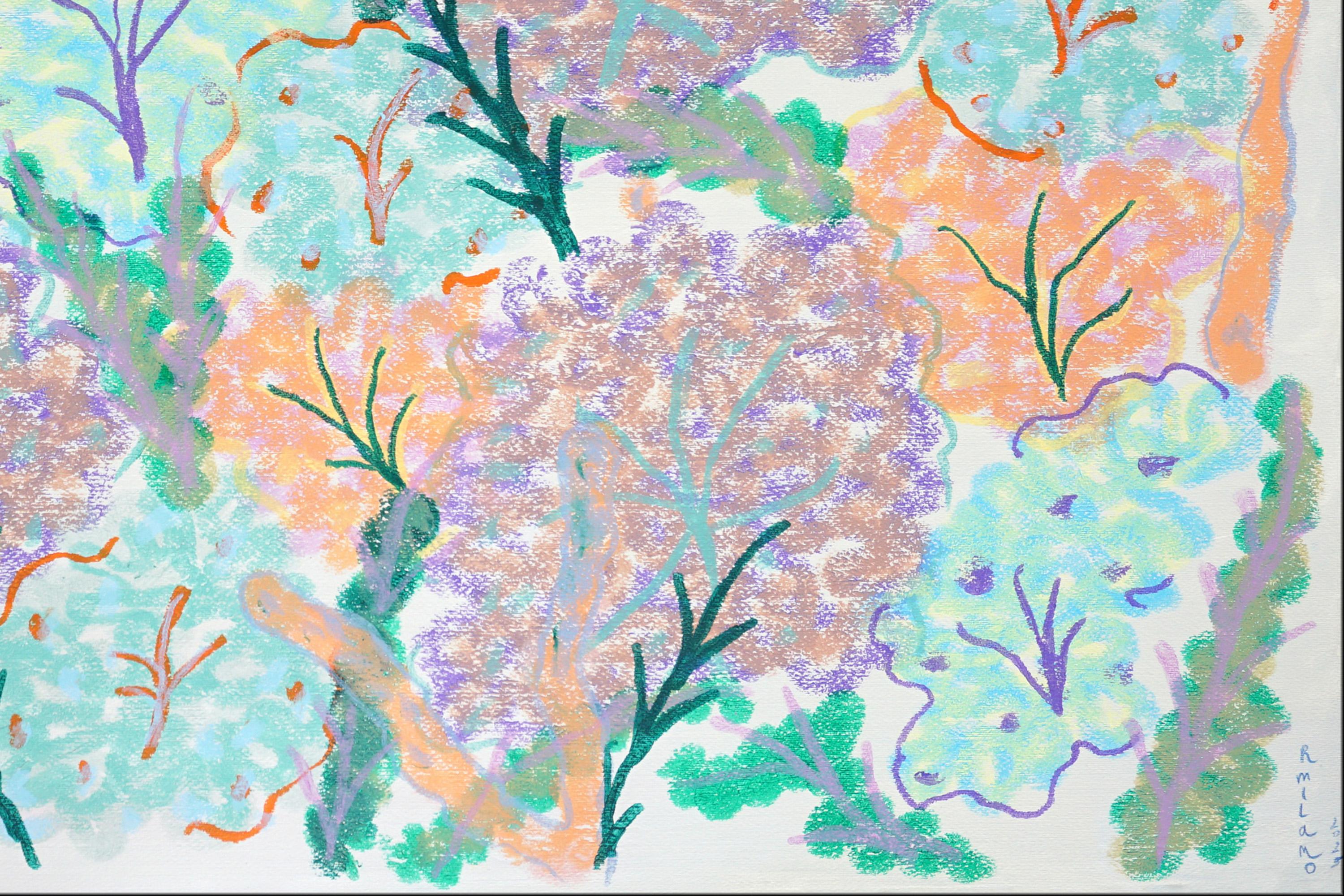 Sea Sponges and Algae ist ein leuchtendes Gemälde, das die zarte Schönheit des Meereslebens mit einer lebhaften Palette von Pastellfarben und weichen organischen Formen feiert. Inspiriert von den rhythmischen Mustern von Unterwasserschwämmen,