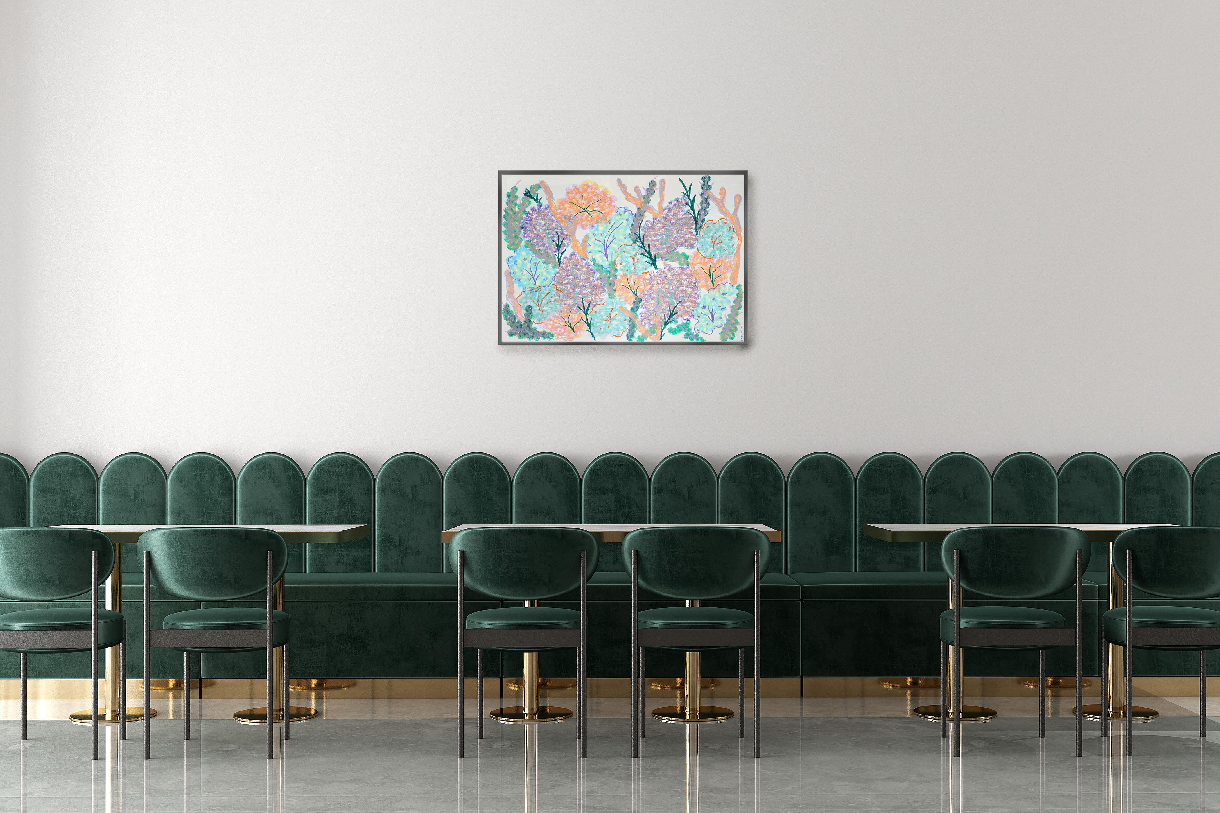 Meeresschwämme und Algen, abstrakte Meeresmalerei, grünes und violettes Pastell im Angebot 1