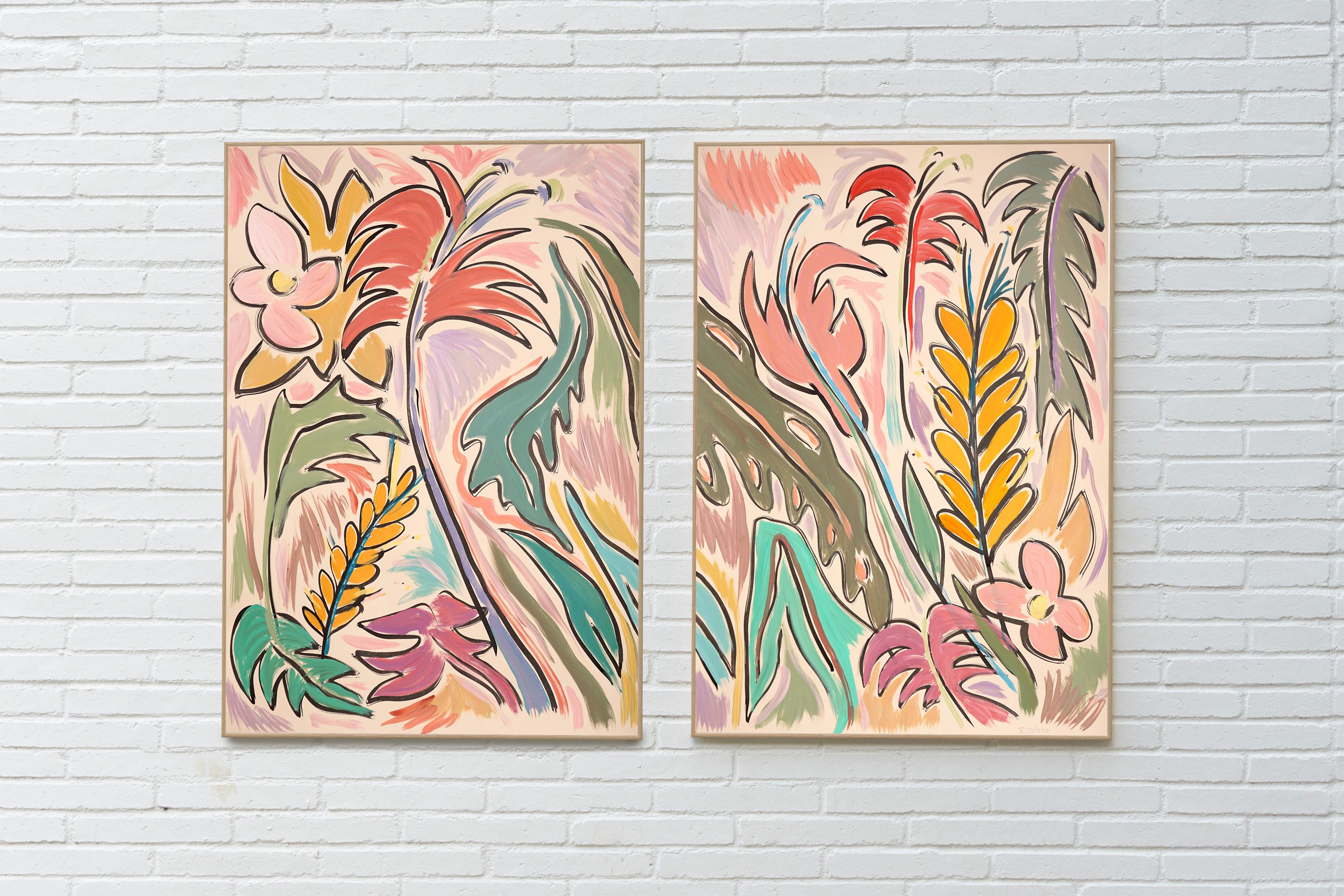 Spring in The Tropics, Abstract Expressionist Large Rose Floral Diptych, Orange - Painting by Romina Milano
