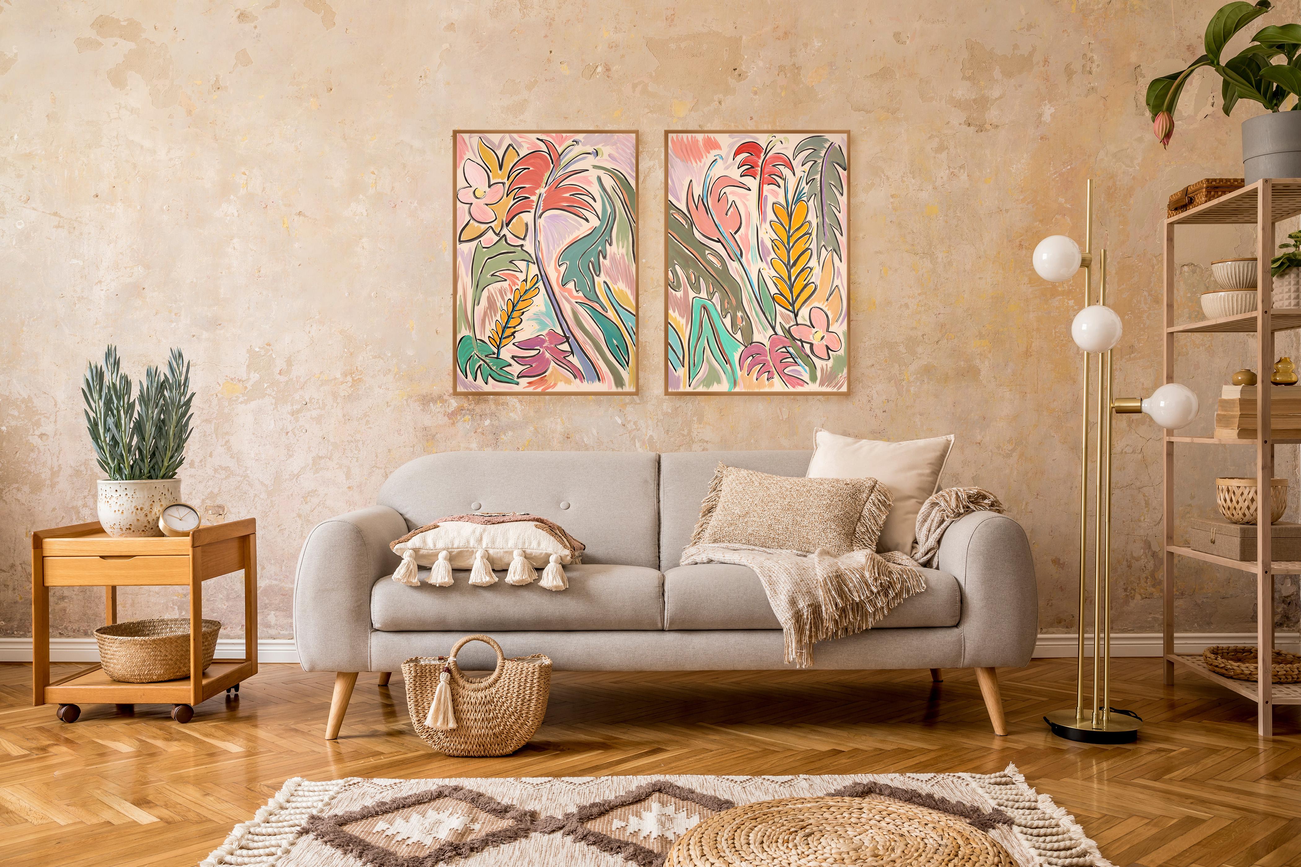 Spring in The Tropics, Abstract Expressionist Large Rose Floral Diptych, Orange 2
