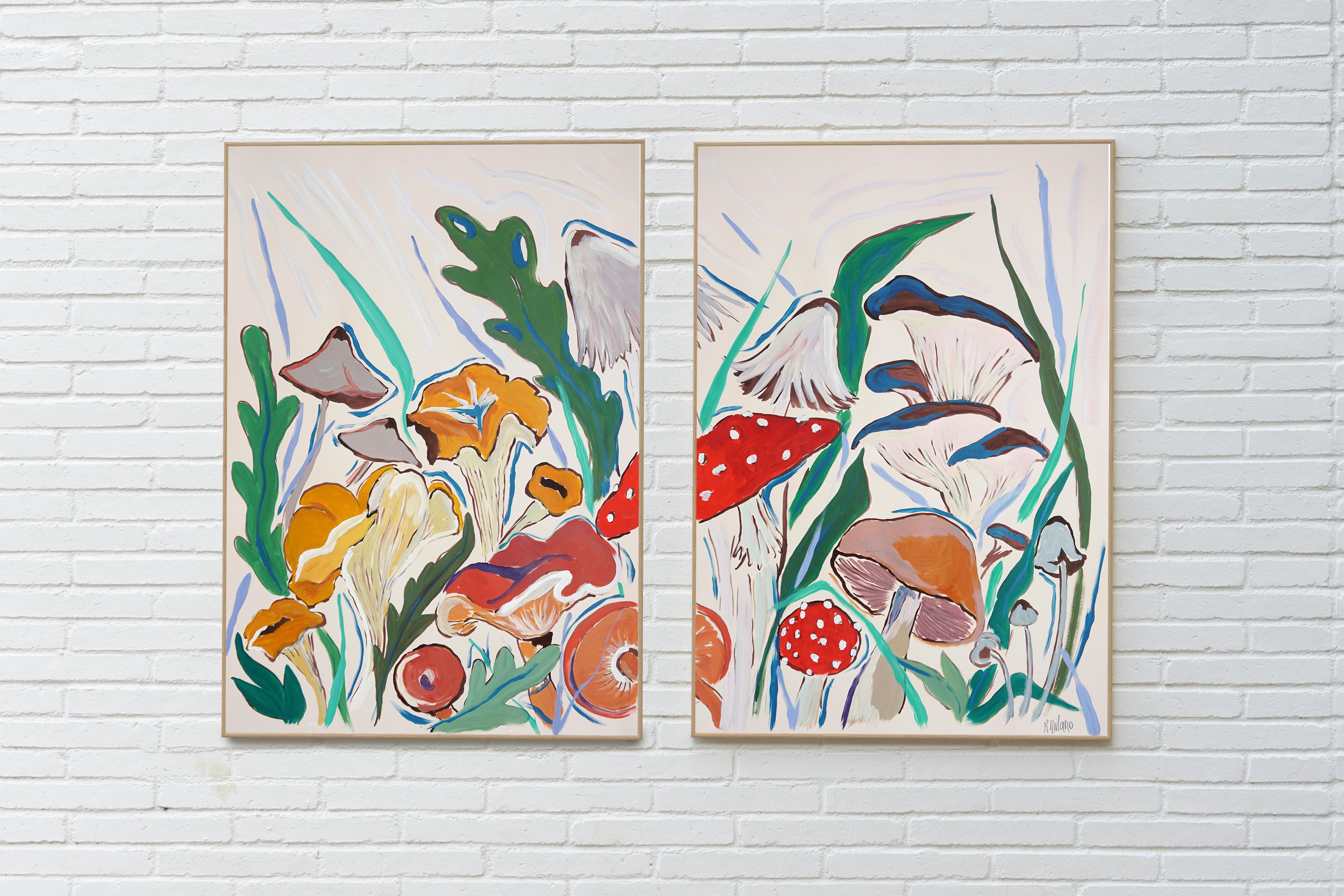 Springtime Mushroom Harvest, Illustration Style Painting Diptych,  Forest Scene - Gray Landscape Painting by Romina Milano